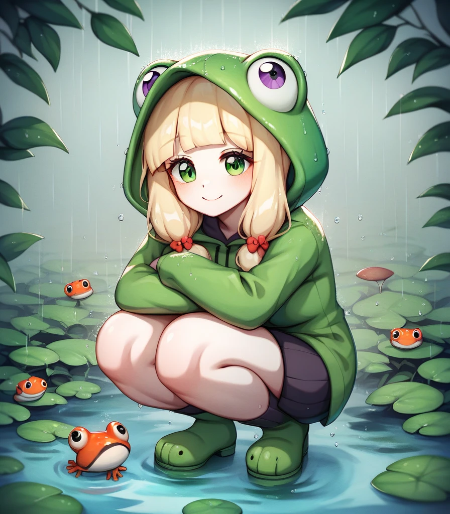 Blonde hair straight bangs primaya on the head frog blue eyes green T-shirt without rockers blue shorts sneakers white baloto sitting on a boat 