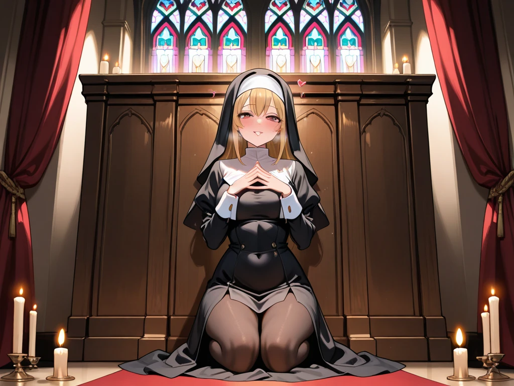 (8k、Best image quality、highest quality、masterpiece)、Detailed face、 One girl、Black Hair、Long Hair、blunt bangs、Grey Eyes、Pointed Ears、Earrings、evil smile、((Grin))、Large Breasts、((nun))、((side slit))、((black pantyhose))、((squatting))、((open legs))、Shoot from below、altar、Stained glass、Church Background