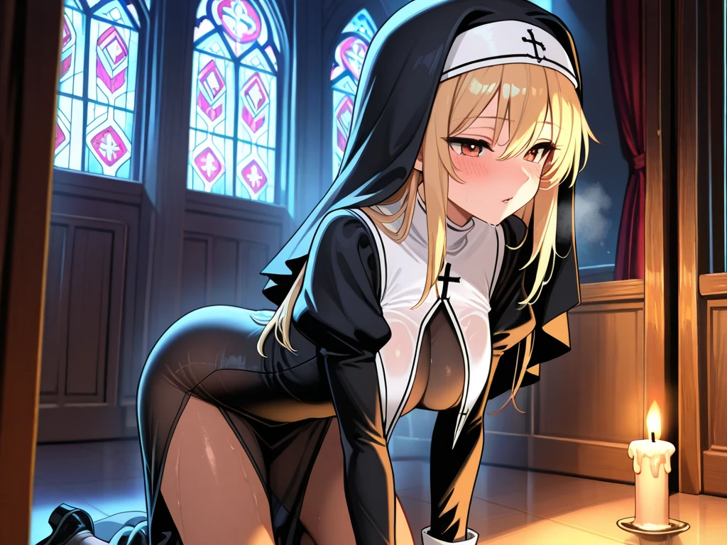 1girl, nun,  hair over one eye, breasts, habit, solo, cross, large breasts, necklace, , cross necklace, long hair, closed mouth, looking at viewer, cowboy shot, greyscale, white hair, long sleeves,((blone hair)),(( yellow hair))
,,puuzaki puuna,(masterpiece:1.4),(best quality:1.4),Yukino, eyes liner,mascara,round neck, bare shoulders, long gloves, long skirt, garter belt, smile,