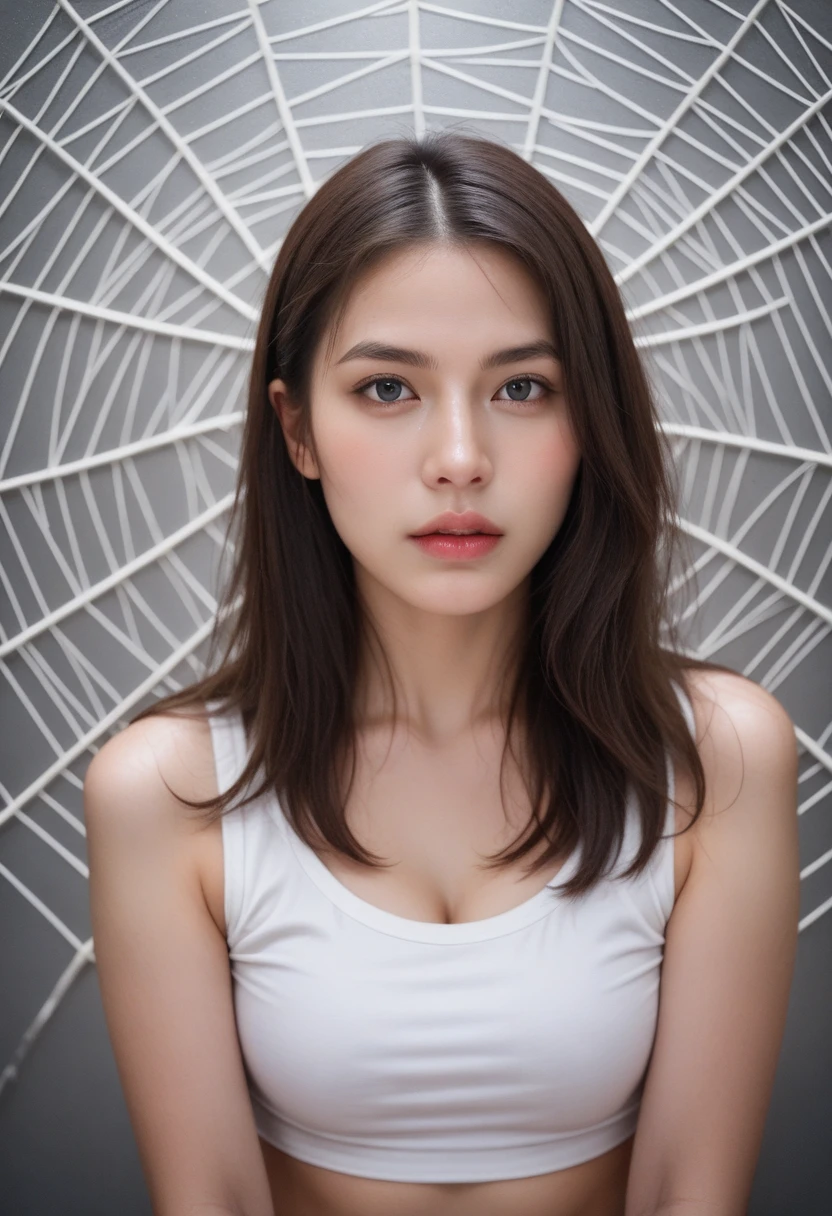 ((realistic lighting, highest quality, 8K, masterpiece: 1.3)), Clear focus: 1.2, 1 girl, perfect figure: 1.4, Slim Abs: 1.1, ((Dark brown hair)), (White string bikini top: 1.4), (basement、Concrete wall: 1.1), cityscape, super fine face, fine eyes, double eyelid,