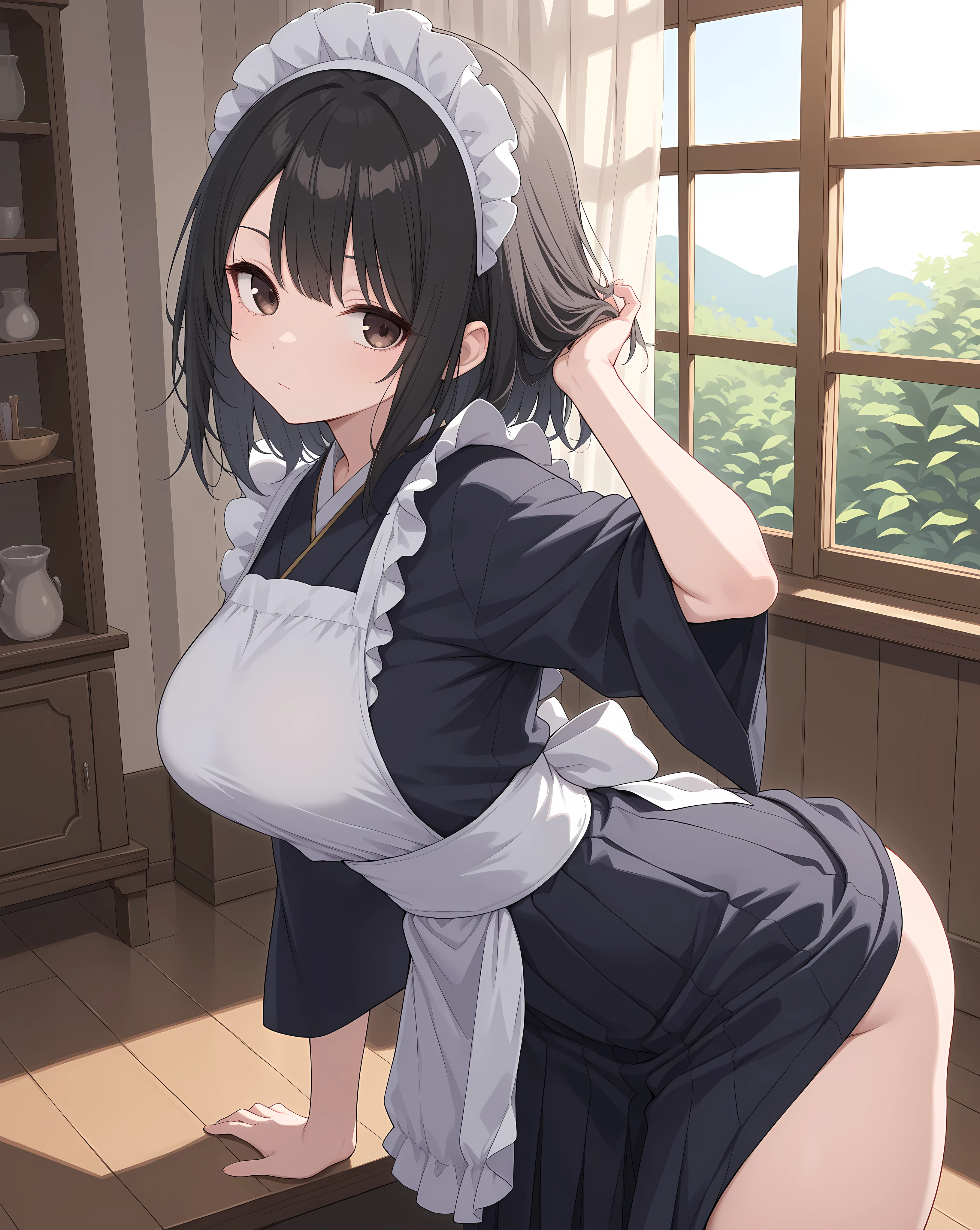 ((ｍasterpiece, best quality, 16k, ultra detailed, high resolution, )), , cute girl, twin tails hair, black hair, hair band, slender body, pointy breaanned glossy skin, ), nude, pussyhite wapron, ), ((show off nipples, )), light sotel kitchen,