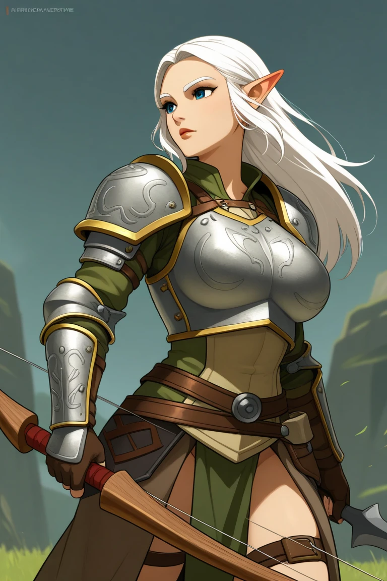 score_9,score_8_up,score_7_up,source_anime,tall elf woman,long silver hair,serious expression on her face,sword on her hip and a bow on her back,standing,in a forest,toned,leather armor,ranger,thin hips,cleavage