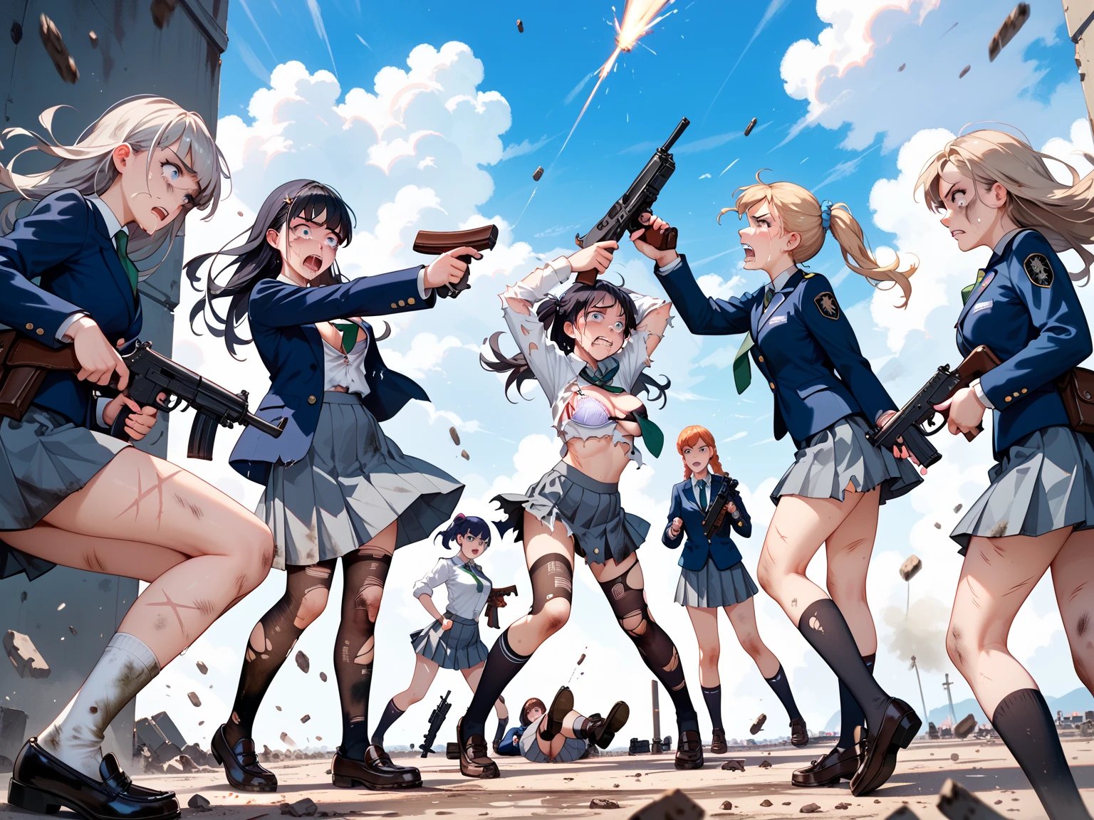 5 girls in grey school uniform with a belt, tottering, screaming, spit take, closed eyes, ecchi anime style, detailed full body, thigh-high socks, micro mini skirt, (white panties:1.1), sailor collar, scenery, explosion