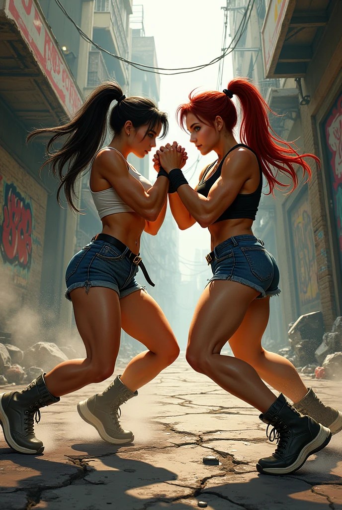 Street fighter styled Megan Fox, high detail, 8k, long hair, 2girl, bubble ass, short top, sports shorts, choker, small, thigh tattoo, cameltoe, bend over