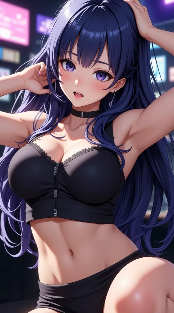 solo, beautiful female, (big breasts:1.4), lingerie, bra, wind blow, indoor, long hair, gradient hair, black hair, blue hair, purple hair, silver hair, long hair, lonely, ray tracing, reflection light, depth of field, close-up, cowboy shot, masterpiece, best quality, high details, high quality, ccurate, textured skin, UHD, silver necklace