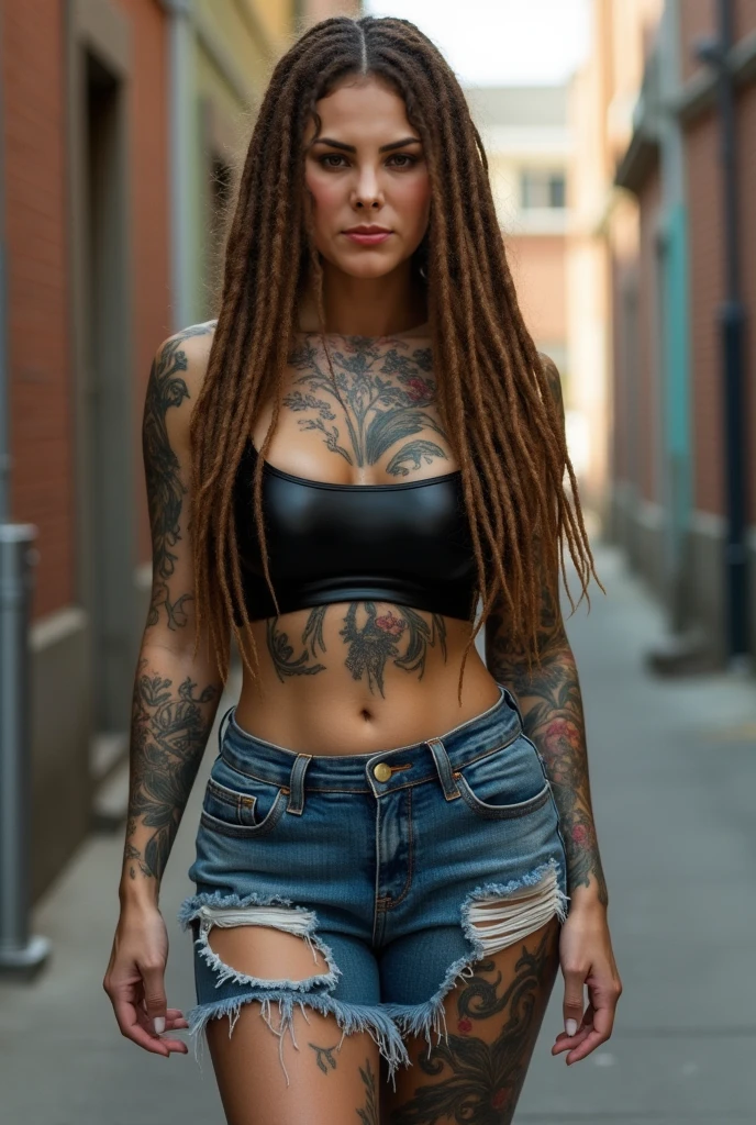 woman, age 38, hipster, German, pale skin, multicolored hair in braids, tattoos, four arms, in coffee shop,