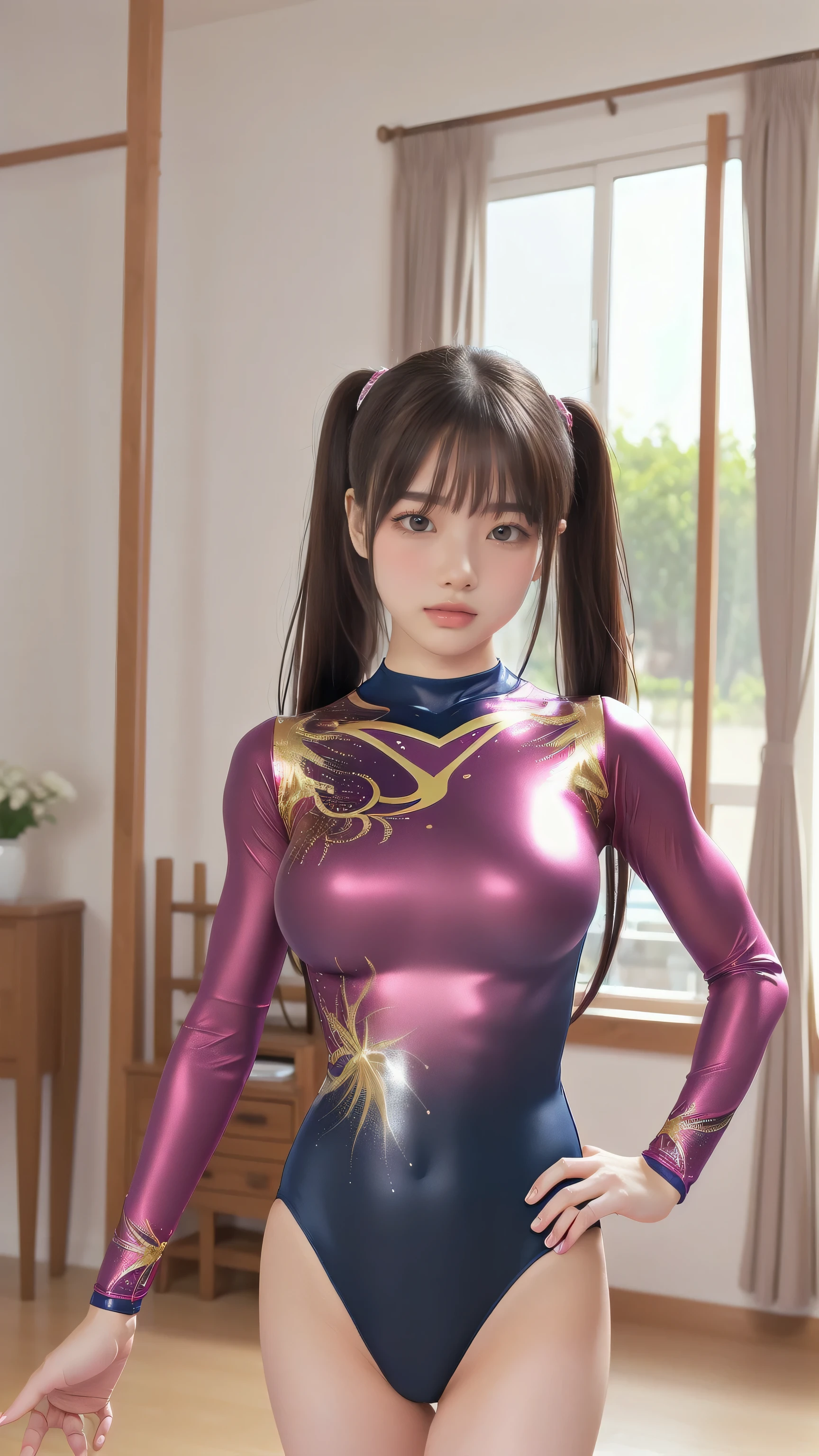 ((Gymnastics Venue:1.3)), ((Highly detailed skin), Beautiful realistic face, White skin, Pointed Chest, Small nipples, Accurate anatomy, Realistic eyes, Natural Eyes, Brown Eyes, Accurate eye focus, Accurate limbs), (Hyper Realist, Ultra-realistic, 4k, Attention to detail, Ultra-high resolution, highest quality, masterpiece, Presence, dynamic, Uplifting, bold, Sharpness), (Thinning hair:2), (Soft Hair:2), (Straight hair:1.5), Long, slicked bangs, Light copper amber hair, Hair on one eye, (Twin tail hair), (Female gymnast, Detailed costume, Wearing a long sleeve leotard:1.5), Shiny long sleeve leotard, Metallic colors long sleeve leotard, Racing long sleeve leotard, Gymnastics Long Sleeve Leotard, (High leg long sleeve leotard), Long sleeve leotard with crystals, ({Metallic pink color| Metallic gold color| Metallic silver color| Metallic wine red color| Metallic navy color| Metallic purple color| Metallic black color| Metallic colors|}Long sleeve leotard colors), (Big Breasts:1.3), tall, Long, slender limbs, (Fours style, Doggy Style), I'm sticking my butt up, Sticking out her butt, Accentuate your buttocks, The long-sleeved leotard is digging into her butt, Looking Back, Full body portrait, Put your chest close, Emphasize the chest, Looking into the camera, smile, barefoot, ((Underhair does not grow)),