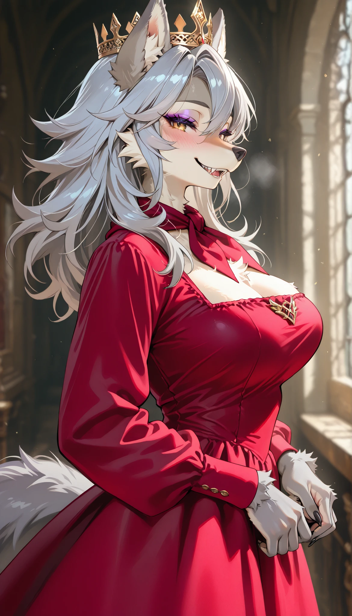 A female werewolf(furry), gray hair,(gray fur), yellow wolf eyes,Purple Eyeshadow, Wearing a Red long sleeves Dress(Neckerchief Cover Chest),(Small Gold Queen's Crown),In the Castle on the prairie,(Her Hands Lift her dress hem),seductive smile,blush, Torogao,UHD, SOLO, anatomically correct, masterpiece, textured skin, high details, highres, 1080P, 16k, accurate, Beautiful face, Beautiful Nose, Perfect face, Highly detailed beautiful face and eyes, Attractive face, Detailed face, Delicate facial features, Detailed skin,Cowboy shot,(from side),(look at the viewers:1.7)