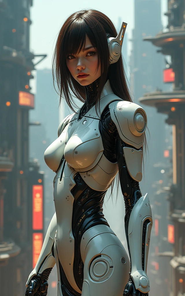masterpiece,best quality,realistic,1girl,mature female,UltraMarie,armor,glowing,glowing_eyes,helmet,mecha,roboT,twintails,yellow_eyes,huge breasts,wide hips,fighting stance,city,((((Breast milk))))((((pubic hair))))((((milking))))