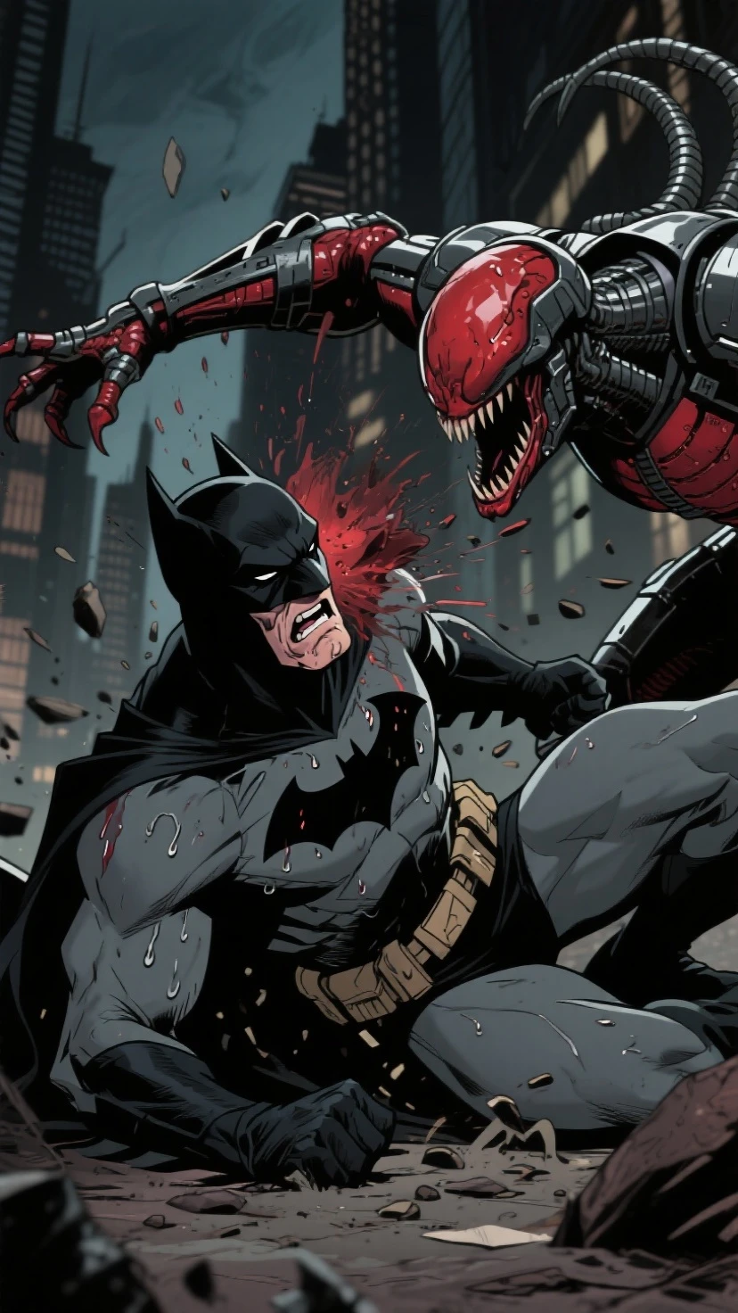 draw the Batman in an action scene with a lot of blood on his hands and mouth, blood on the ground because the scene is of Batman fighting several Cyberpunks at the behest of the villain Penguin, 64k,