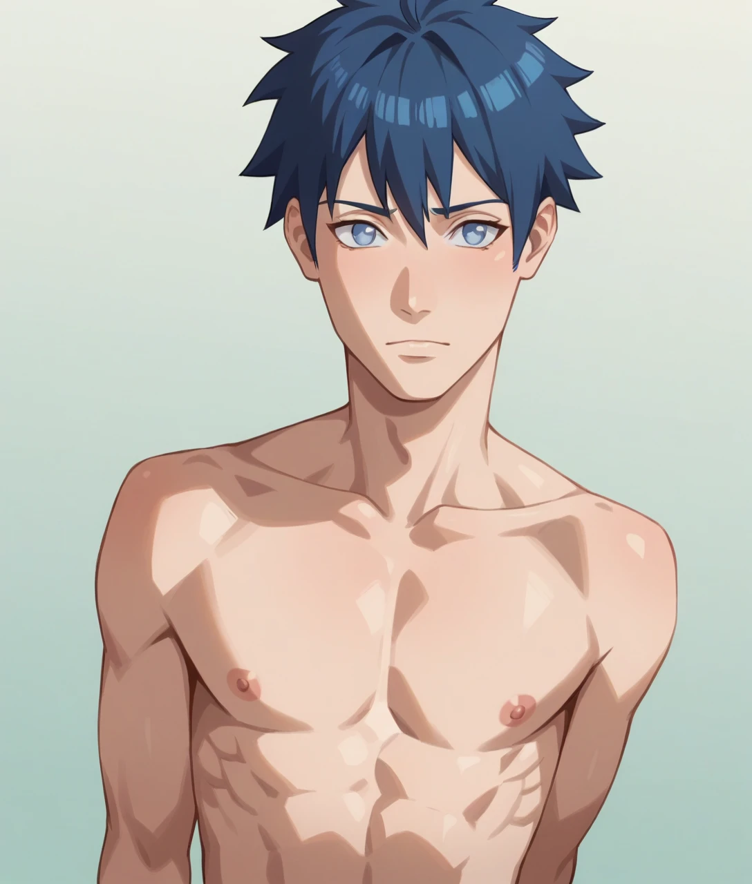 Highres, Masterpiece, Best quality at best,Best Quality,hight quality, hight detailed, 1boy, Boy,Fluffy hair, Side bangs, Shota, Thin young boy without a shirt, Blue hair, he walks lost looking at a city, 14-years-old, Egyptian tribal loincloth, (very young boy), 12-year-old boys, Blurry and simple beckground, bokeh, Uhd