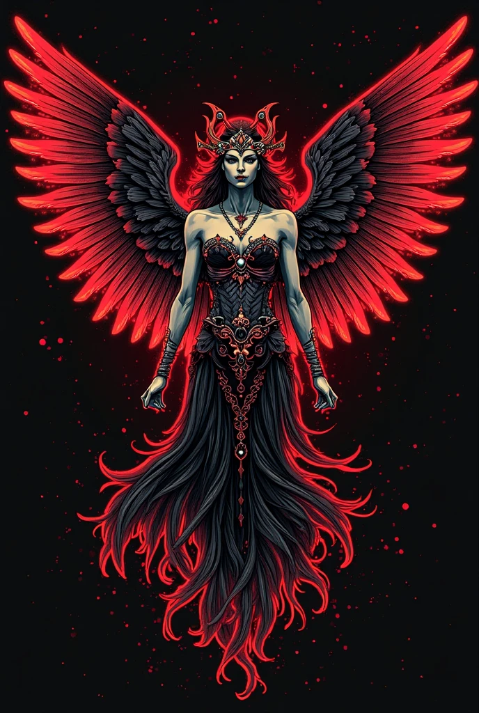 Generate images of demons with crimson wings. Give this image a captivating aura and powerful feather movement. Next, Add a devil's dress designed to emphasize the lines of the body, With feather accents to create a dark and mysterious atmosphere. reeds, Combine accessories with black or dark red headpieces, Crimson Gemstone Necklace、Matching rings and earrings. Finally, Add dark tone makeup and red or black eyeshadow、Complete the atmosphere of the devil.
