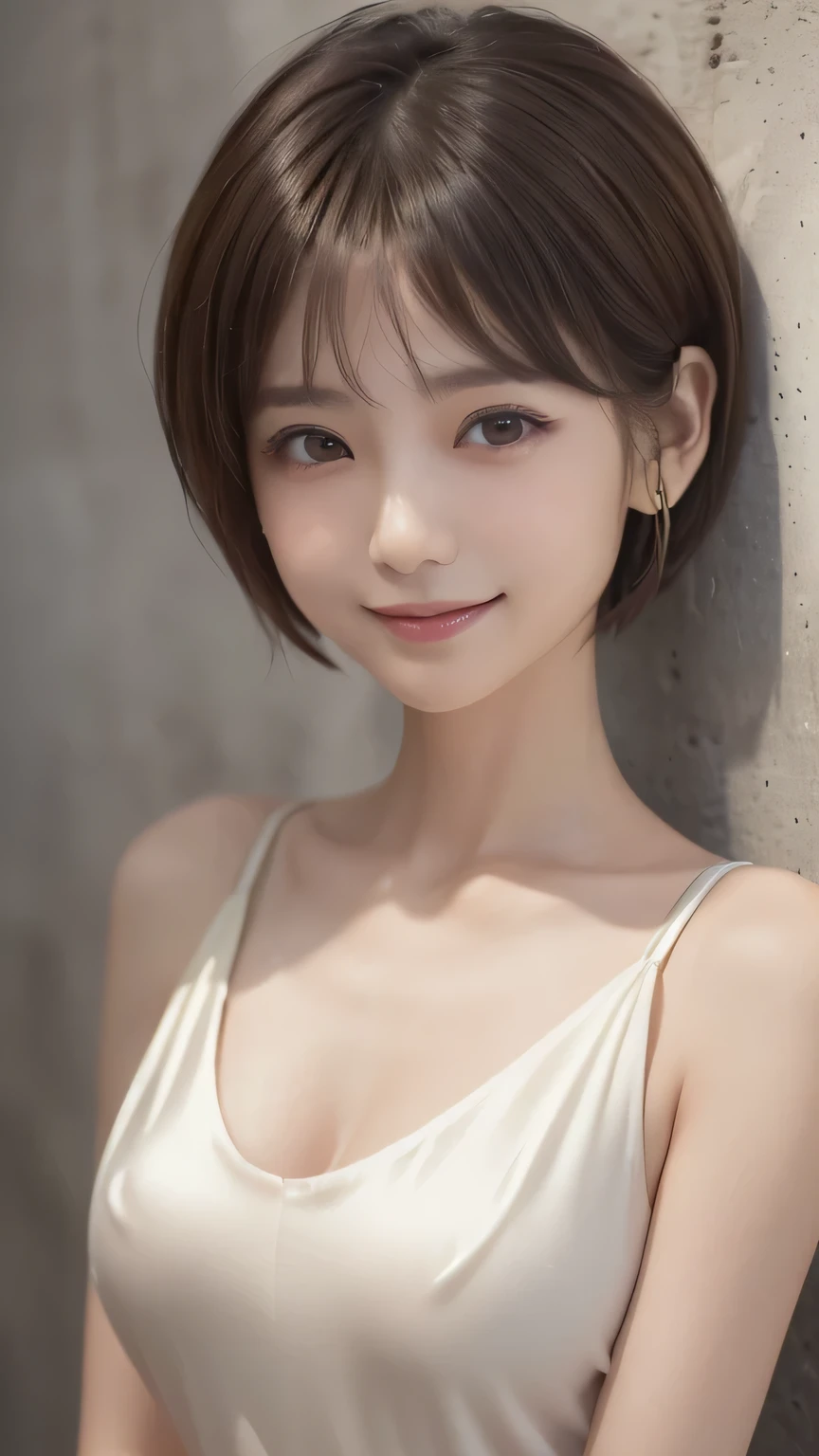 ((Highest Quality, 8k, photorealistic expression:1.5、delicate、 details:1.5、masterpiece: 1.3))、(( Skinny Body:1.6))、(((A 30-year-old Japanese Woman )))、(( natural makeup without ornaments 、lipstick )),(((Big Breasts:1.5)))、(( Light Brown Hair 、 short hair、 pixie cut earrings、Cecil Cut、 Asymmetric、超short hair:1.3))、(( detailsな目))、((silk white tank top))、((I'm touching my chest with my hands))、((with a fresh smile))、((I'm closing my mouth ))、 necklace , ( professional cool lighting:1.3)、((from waist to head with camera))、(( SIMPLE DARK CONCRETE WALL))、