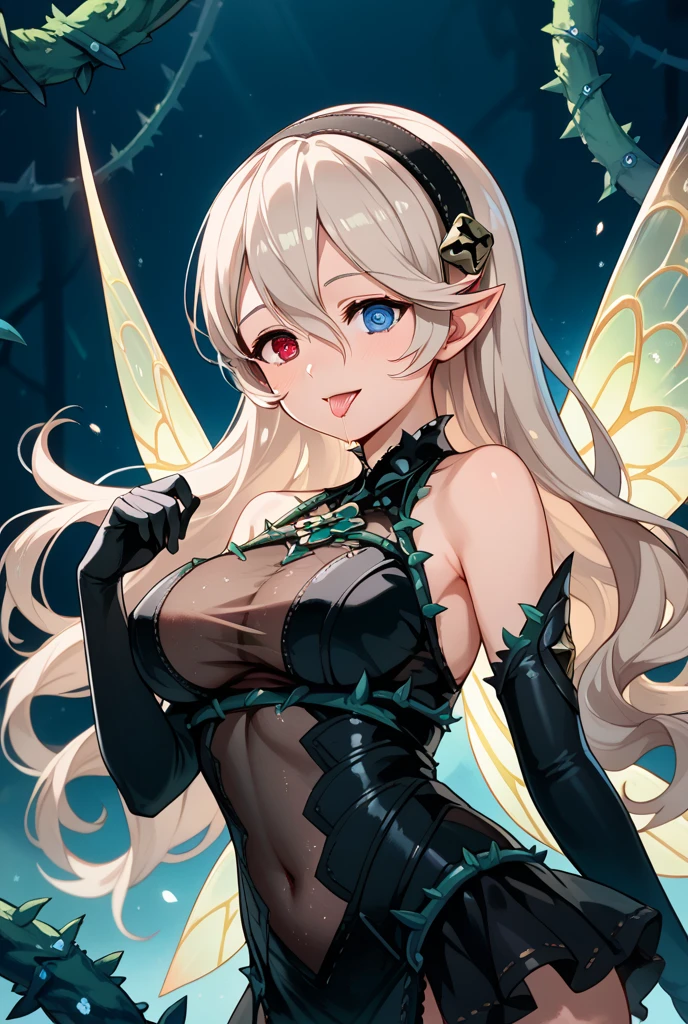 8k image, 1girl, beautiful woman, Braided Blonde hair, parted bangs, forehead, elf ears, blue eye, (white fairy wings), black earrings, (black strapless dress:1.2), smiling at the viewer, facing the camera, centered image, simple white background
