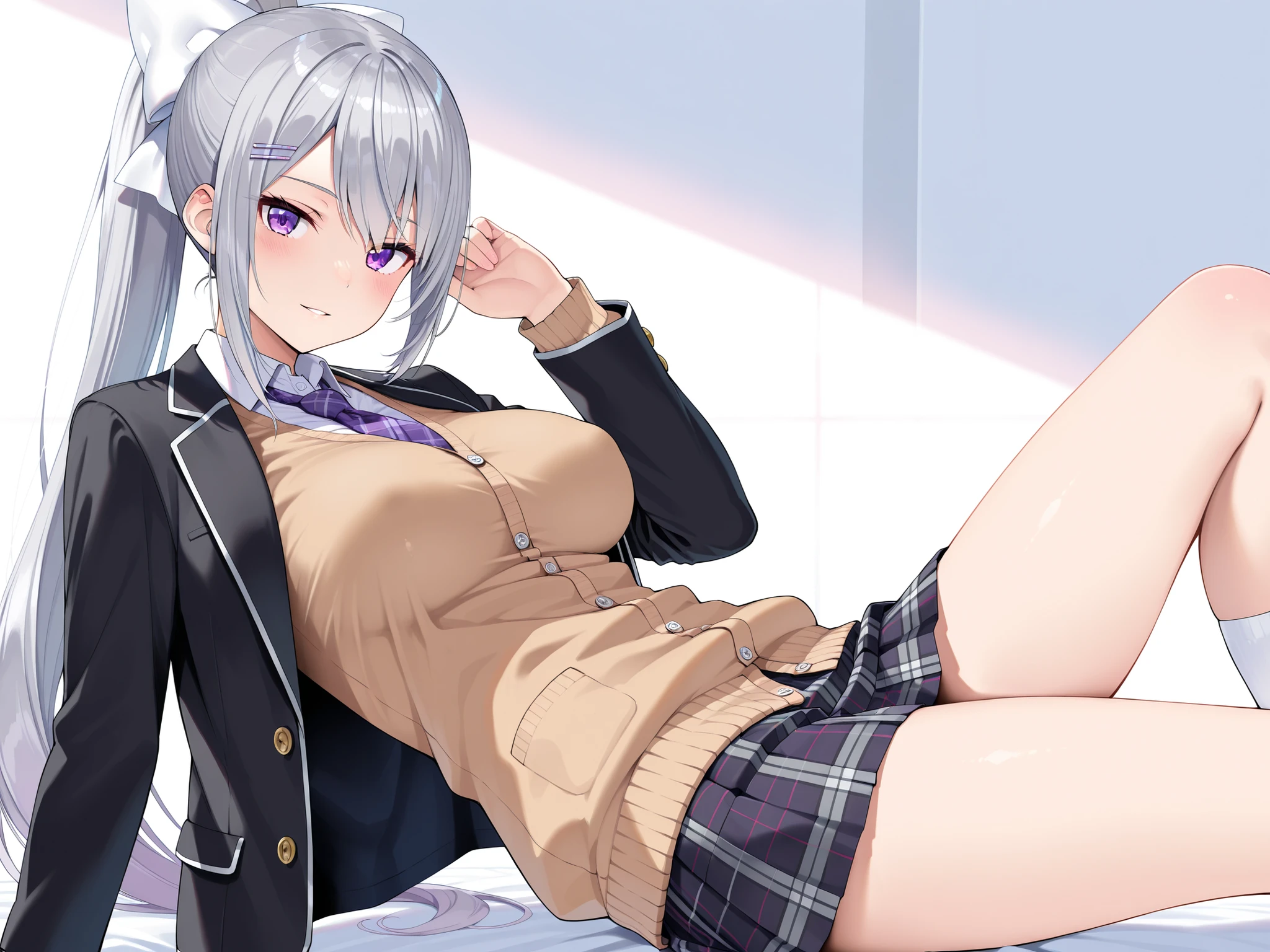 1girl, Green Eyes, Grey Hair, hair ornaments, Animal ears, Small breasts,uniform,Navy Blue Blazer,White shirt,Pink ribbon,Grey Skirt,No underwear,{{1boy,cunnilingus}},
