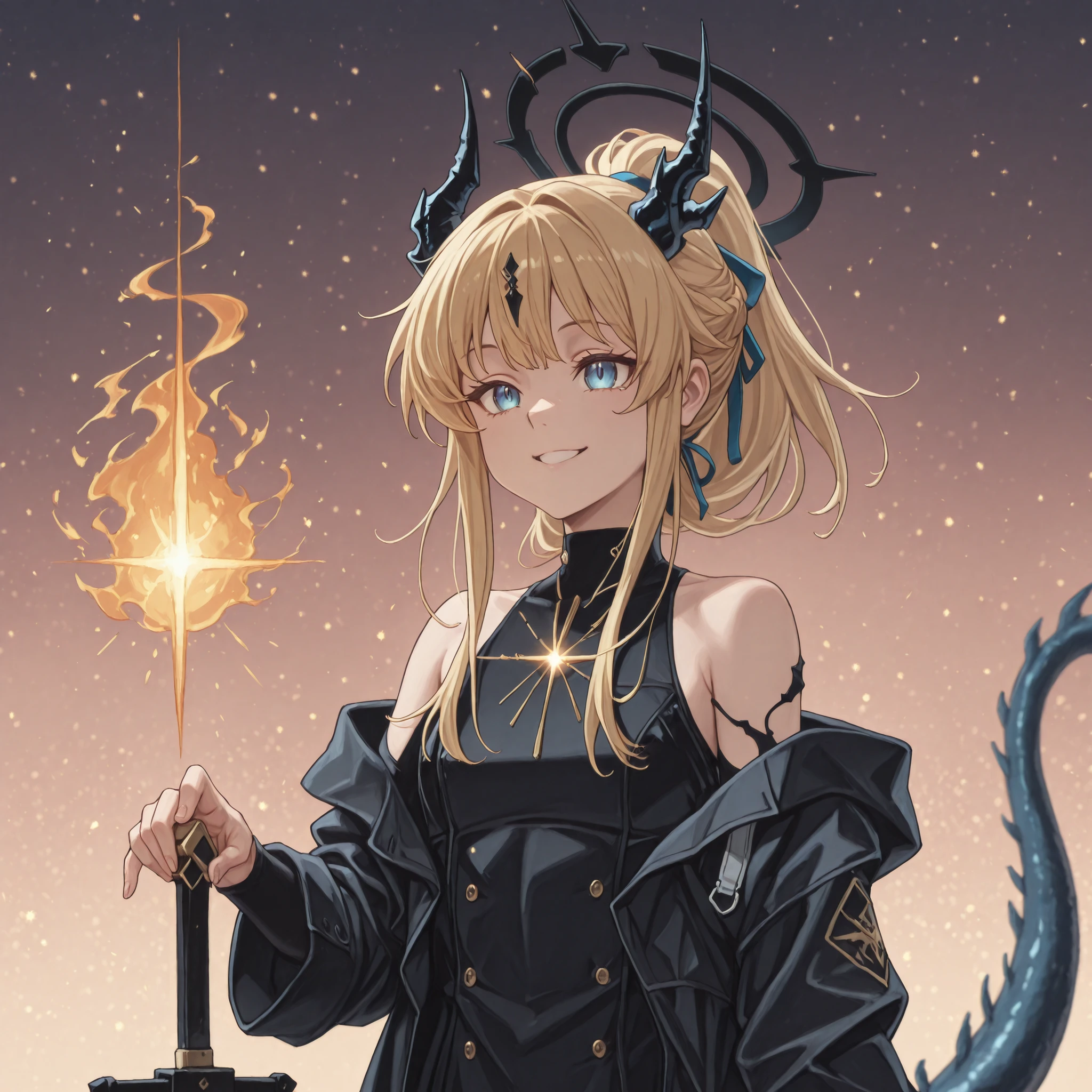 (Body and Size ): sozinho, 1 , little character, short character , character 1 .50 meters high, Young character, character with a male body by Rimuru Tempest from "Tensei Shitara Slime Datta Ken", male character;
( Hair and head ): blond hair, The character's hairstyle must be the same as Alice Zuberg's from "Sword Art Online", Long FRINGE, hair tied in a ponytail, chifres de cor preta como os de Reed The Flame Shadow de "arknights";
The character's face must be the same as that of Lloyd de Saloum, flashy blue eyes, provocative face, fierce smile, rosto jovem, perfect and beautiful;
Perfect Anatomy, the character's tail must be of, tail must be black, tail with flame at the tip, gold-colored flame, halos like Asuma Toki's "blue file", black halo with golden sheen;
Colored arms in the Nian style of "arknights", black arms, arms with gold-colored details, exposed arms and shoulders, hands with claws, black hands, hands with gold-colored details;
black coat like Dusk's "arknights", inner color of the coat must be red, tactical military clothing (colada no corpo) black with gold details, exposed arms, coat falling down the arms;
holding a sword (montante) black with gold details, gold-colored ornaments on the sword, sword with a futuristic design;
fundo preto, attack position, jacket looking at the observer;
flashy pose, exposed shoulders and head, near the face, looking at the character;
