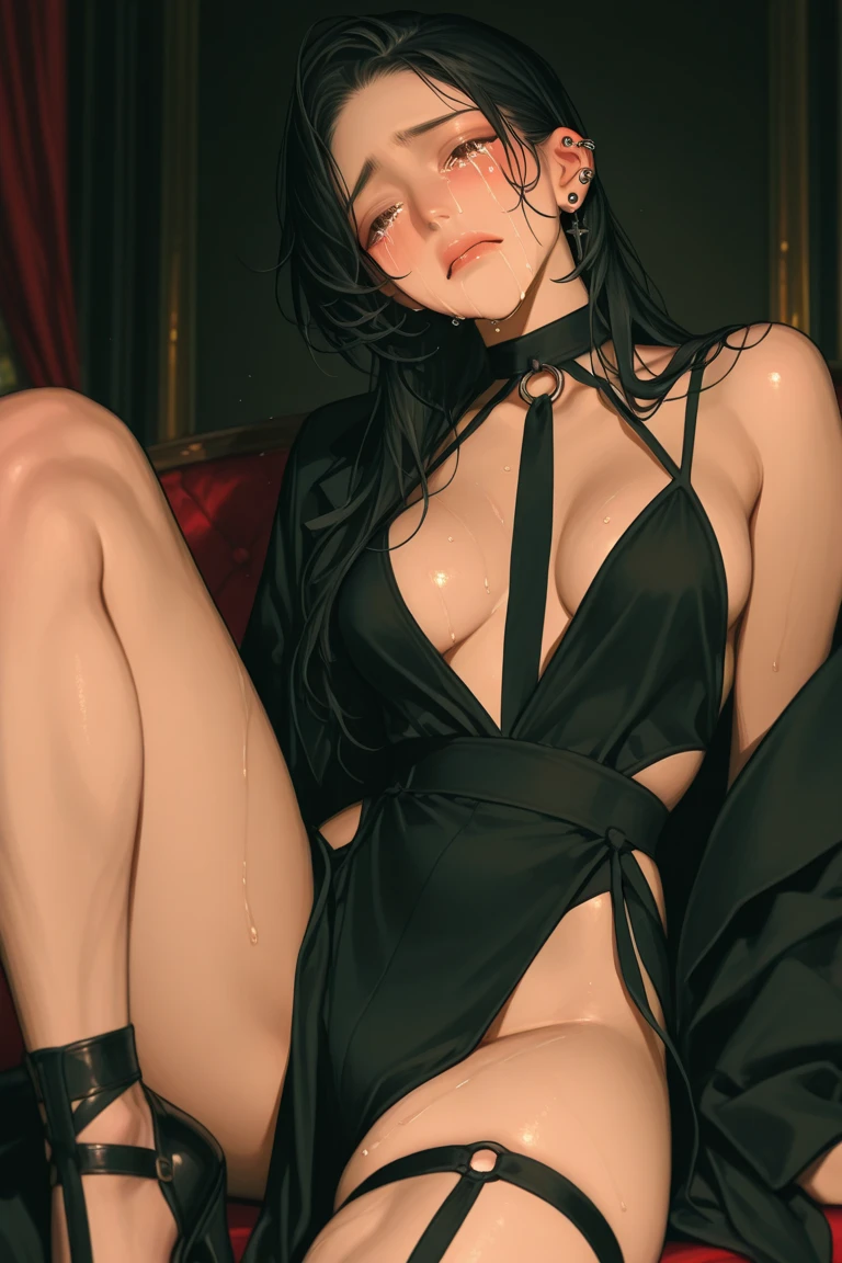 Masterpiece, Ultra quality, good lighting, shadows, perfect anatomy, posing, 1 girl, 21 years, girl, cute face, beautiful body, black medium hair, black eyes, seductive eyes, eroticing, dark style, background room, rear, breasts, Thiductive, hot, spicy, NSFW,