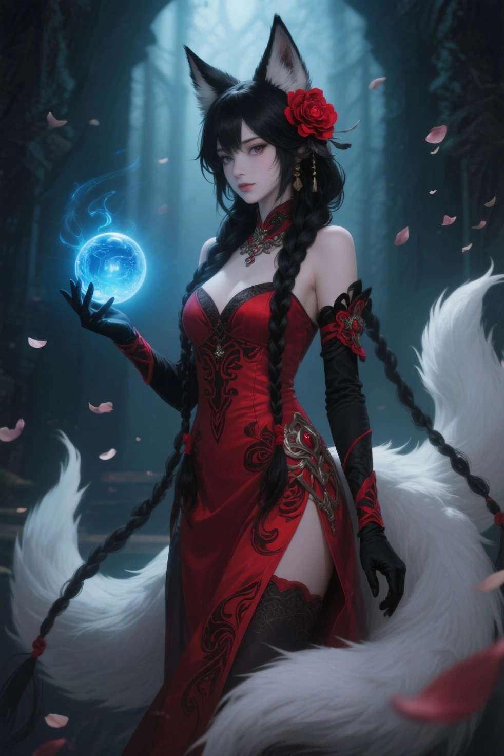 BREAK kyuubi no kitsune\(youkai\)：1.5,((9 fox tails))1.7,beautiful white fox ear woman in distance,kimono,
