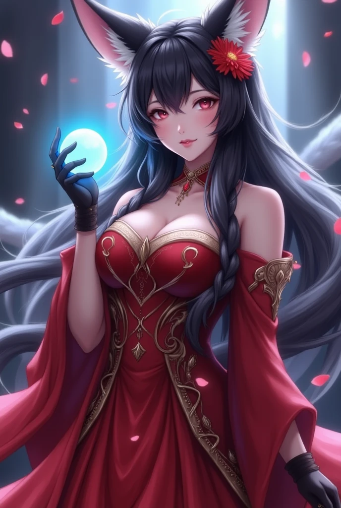 Morgath is of average height, with a magnetic presence that exudes power and mystery. her hair is long and black, falling like a cascade of ink over your back. Your skin is pale, almost ethereal, contrasting with his deep red eyes that seem to glow with an inner light. She wears dark red velvet robes, adorned with arcane symbols embroidered in silver, that float and adjust to your movement as if they had a life of their own.