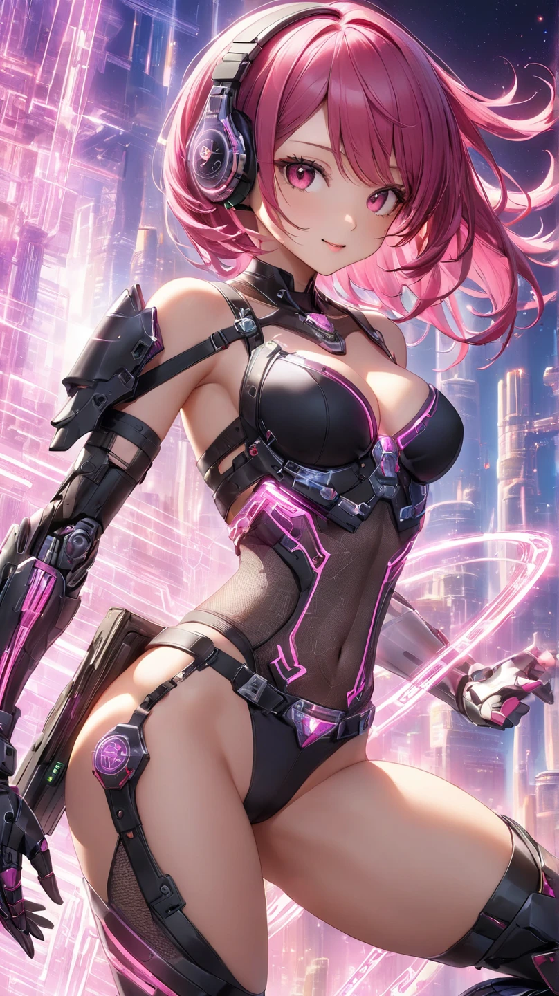 (((leotard:1.5))), (looking at the viewer), break, sexy, ((alone)), (1 female), ((25 years old)), ((highest quality)), ((masterpiece)), (familiar), skin dents, perfect face, 8k , (cowboy shot), break, short hair, ((Pink Hair 1.5)), bob cut, black eye, beautiful princess, smile, metallic costume, medium breasts, (visible nipples:0.8), (camel toe:0.8), sexy, perfect limbs, latex, (turn your arms behind your back),