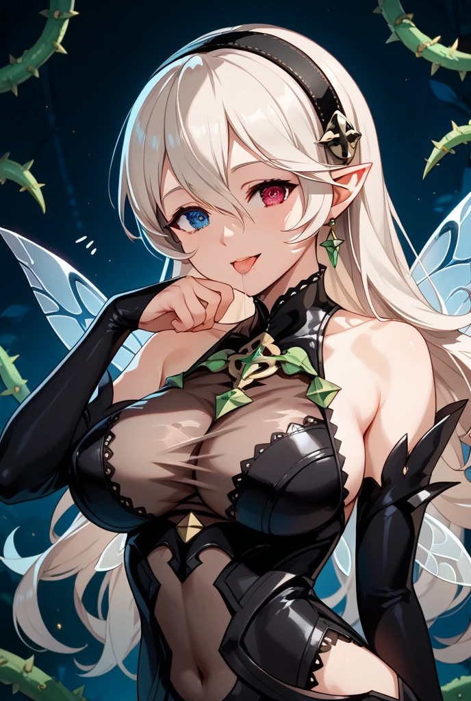 masterpiece, best quality, anime, bishojo, 1girl, solo, upper body, closed mouth:1.5, huge breasts, leaf, elf, blonde hair, green eyes, long hair, thighhigh, cleavage, elven, leaf, bunny girl, fishnet stockings:1.3 ["The bunny girl outfit is a seductive ensemble. The upper body features a tight, black corset with lace-up details, accentuating the curves. The lower body showcases a high-cut, revealing black leotard with a fluffy white tail. The expression is mystery.",
"The outfit is completed with fishnet stockings and a pair of stiletto heels. A black bowtie adorns the neck, and long, satin gloves add a touch of elegance. The overall look is a blend of sensuality and sophistication."]  