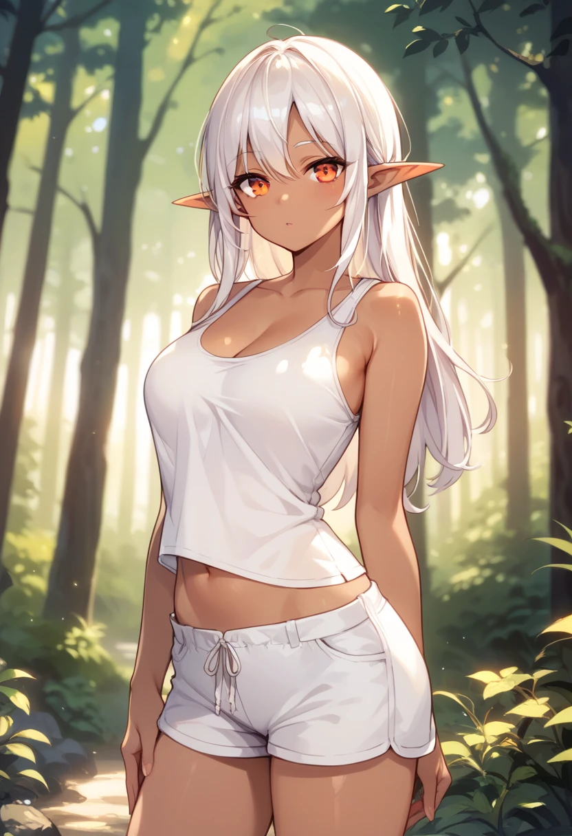 (((I want an elf girl with dark skin, white curly hair, detailed green eyes, a majestic body with full breasts, wearing a lightly low-cut white dress with peasant features and on her face a sweet smile)))