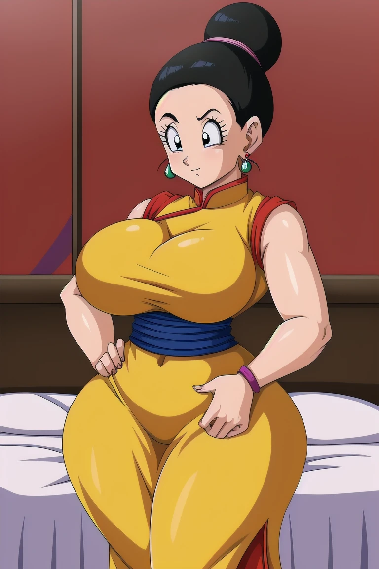 masterpiece, highest quality, High resolution, One girl, sexual intercourse, Pornographic images, short hair, etsukoto, brown Eyes, fine grain, fine grain, (((Thick thighs, Plump thighs, Voluptuous thighs, Thighs alone are enough))), Huge and ample breasts, Cleavage, big long breasts, Naughty big,((big breasts are important))、((Naughty thighs)), L Cup, (thin:1.4),(Tight waist:1.4),  (yellow dress:1.4), ((white waist apron)), white panties, anguish, open mouth, blush, (((Simple Background))), ((Wide Hips)), Shiny, Oily skin, Mature mother, Calf, Seductive mature woman, Perfect body, Plus Size Model, curvy, ample, etsukoto, blush, clavicle, retro artstyle, 1990s (style), (thick thighs:1.4), bursting thigh, ((pov)), (((panty shot))), from below, looking down, spread legs, nsfw,