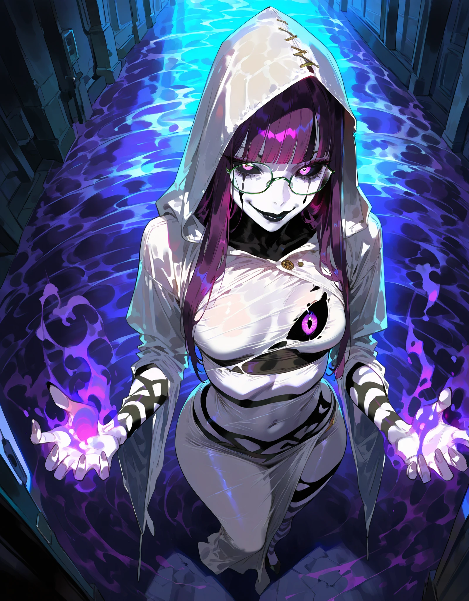 ((NSFW, , best quality, amazing quality, very aesthetic, extremely detailed, intricate details, minute details, detailed background, dramatic cinematic lighting:1.4,incredibly_absurdres, hard light:1.4, masterpiece 8k, vivid colors, rich palette, score_9, score_8_up, score_7_up), ghost woman, ghostfreak skin\(ghostfreak, ghostfreak body, white skin, solo, no humans, purple eye, black sclera, ghost, small breasts, straight bangs,, straight hair, long hair, purple hair, glasses, black crop top, black lips, white hood, white tunic whith black streaks, black marks, stripes, body eyes, multi eyes, chest eye\) from above, evil face