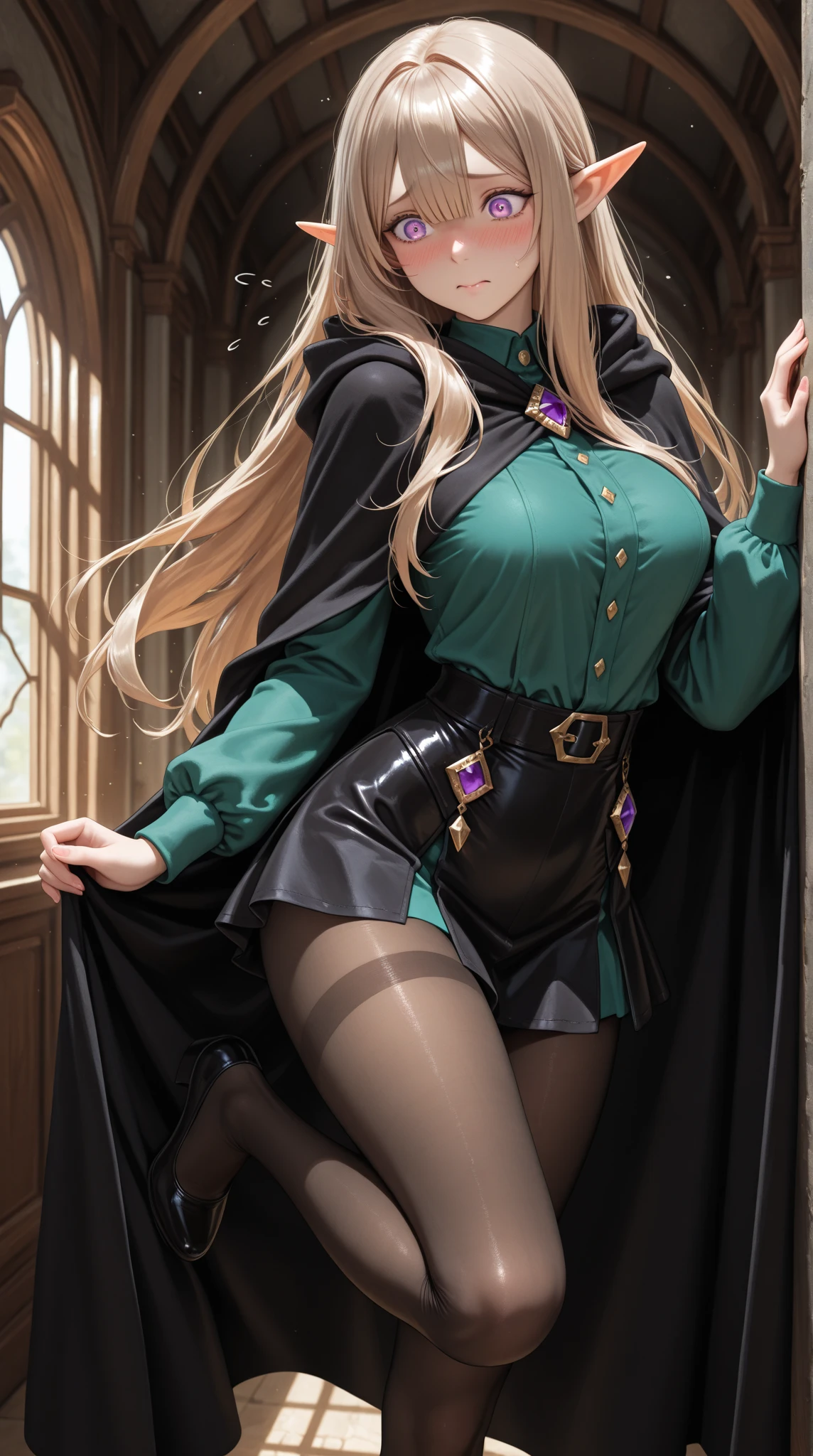 A tall and beautiful {{Britney Spears (Skirt lift bottom pov | Goofy Ai)), with blonde hair and blue eyes, small nose and full red lips and curled black eyelashes, {wearing a tight-waisted green dress and a pair of black pumps}.