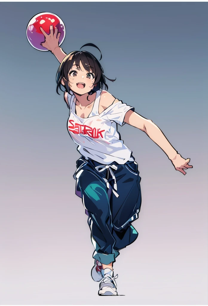 best quality, ultra high resolution, (lifelike:1.4), 1 girl, Loose Oversized Black Jacket, White Sports Bra, (yoga pants:1), (Light brown hair:1.2), L looks at the audience, Smile, Foote Body, street, Urban, cosmetic, wide angle