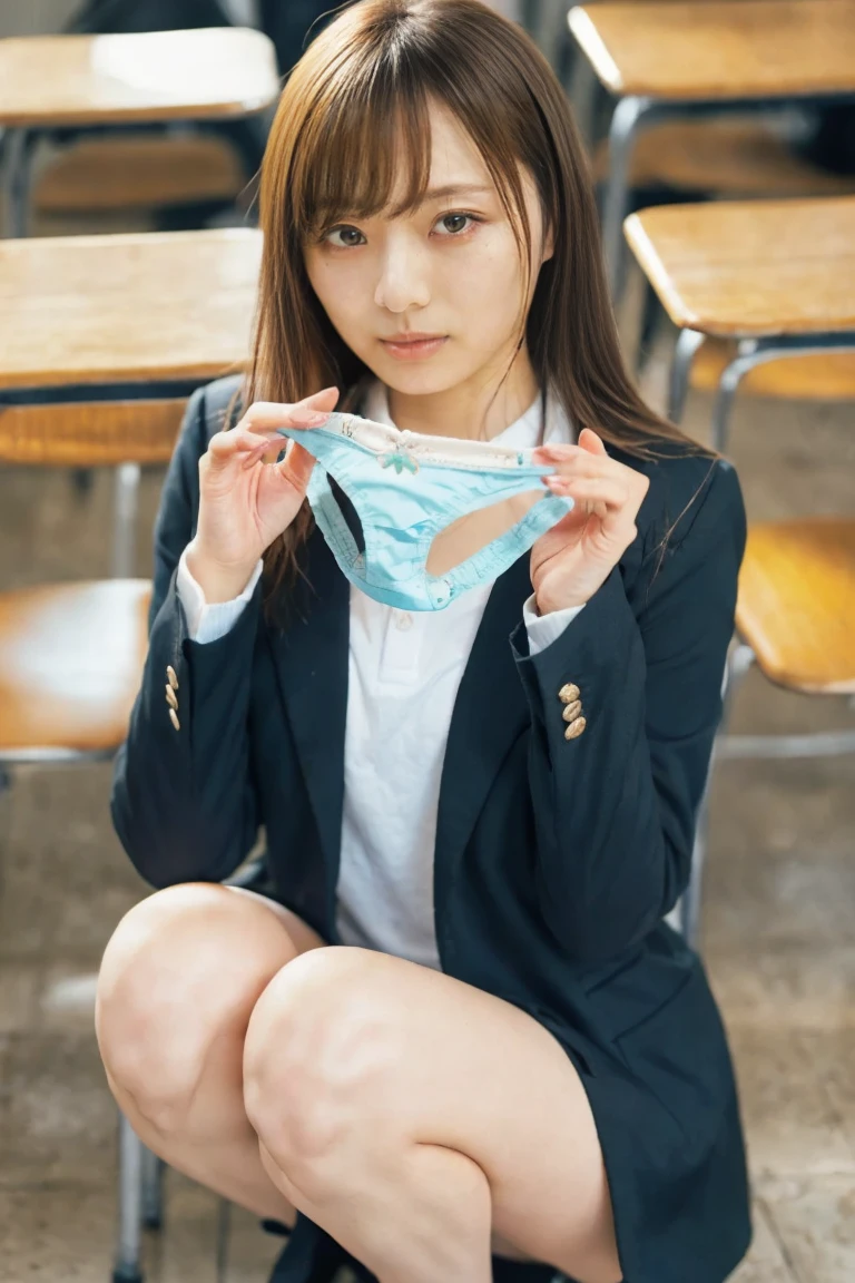 photo, 8k,4k, realistic, 1girl, skirt, necktie, underwear, solo, brown hair, (panties:1.3), skirt lift, clothes lift, shirt, plaid skirt, school uniform, jacket, plaid, sitting, open clothes, spread legs, blazer, white shirt, bangs, red necktie, looking at viewer, lifted by self, white panties, training bra, surgical mask, thighs, print panties, long sleeves, collared shirt, blue skirt, bra, dutch angle, pleated skirt, open shirt, striped necktie, blue jacket
