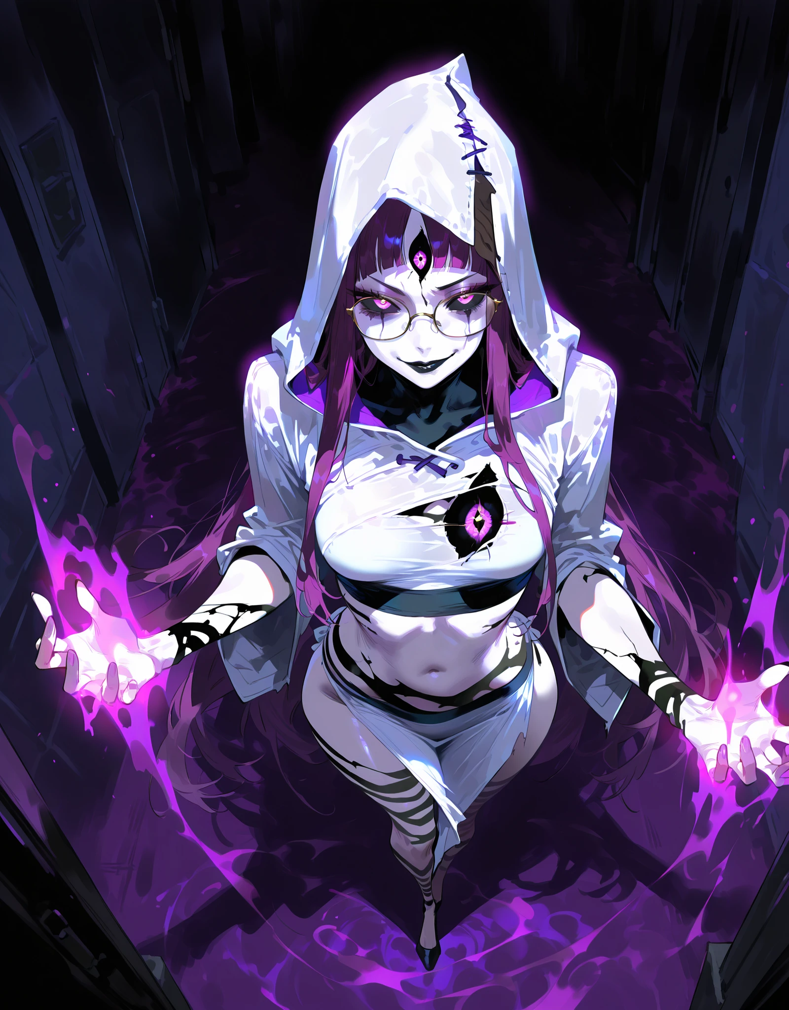 ((NSFW, , best quality, amazing quality, very aesthetic, extremely detailed, intricate details, minute details, detailed background, dramatic cinematic lighting:1.4,incredibly_absurdres, hard light:1.4, masterpiece 8k, vivid colors, rich palette, score_9, score_8_up, score_7_up), ghost woman, ghostfreak skin\(ghostfreak, ghostfreak body, white skin, solo, no humans, purple eye, black sclera, ghost, small breasts, straight bangs,, straight hair, long hair, purple hair, glasses, black crop top, black lips, white hood, white tunic whith black streaks, black marks, stripes, body eyes, multi eyes, chest eye\) from above, evil face
