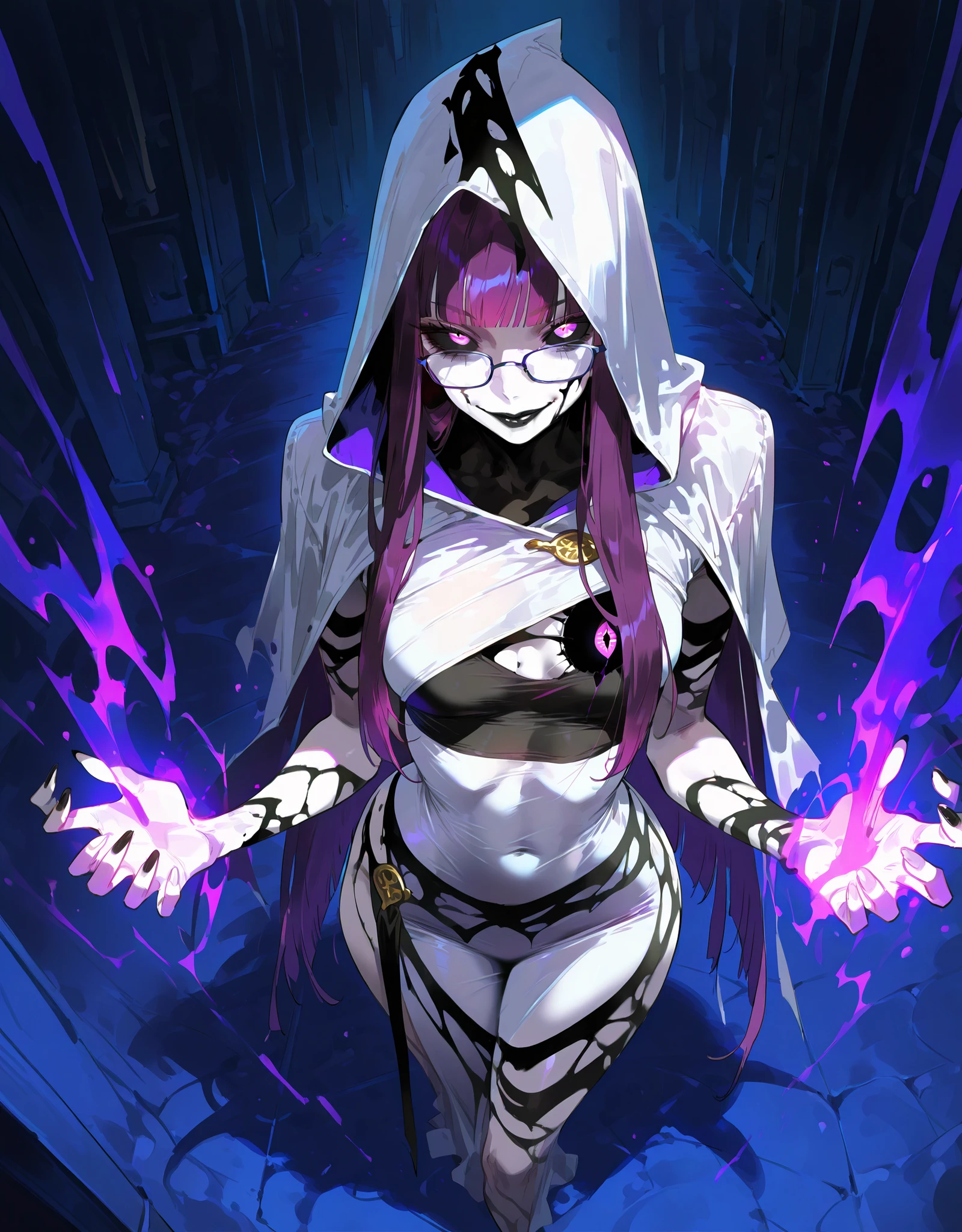 ((NSFW, , best quality, amazing quality, very aesthetic, extremely detailed, intricate details, minute details, detailed background, dramatic cinematic lighting:1.4,incredibly_absurdres, hard light:1.4, masterpiece 8k, vivid colors, rich palette, score_9, score_8_up, score_7_up), ghost woman, ghostfreak skin\(ghostfreak, ghostfreak body, white skin, solo, no humans, purple eye, black sclera, ghost, small breasts, straight bangs,, straight hair, long hair, purple hair, glasses, black crop top, black lips, white hood, white tunic whith black streaks, black marks, stripes, body eyes, multi eyes, chest eye\) from above, evil face
