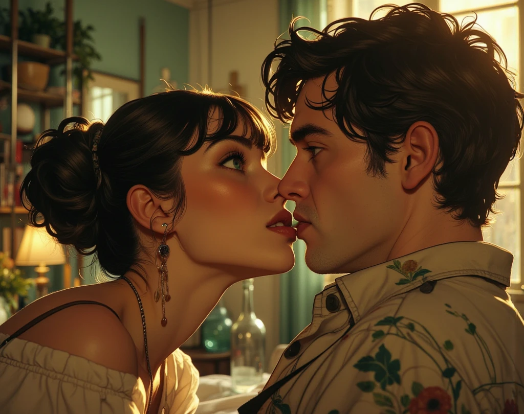 Draw a brunette girl, CURLY HAIR, thick nose, pretty, A big-titted girl who falls in love with an old man 