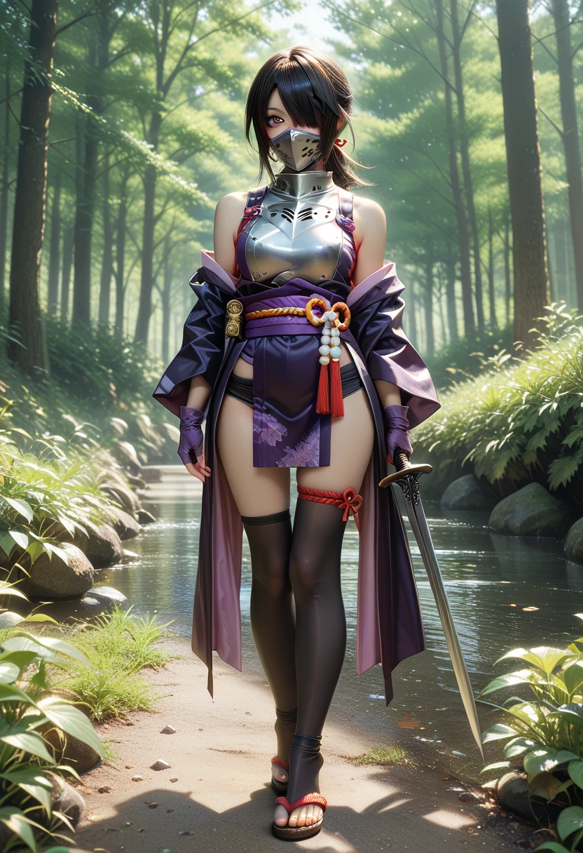 Extremely detailed and high-resolution masterpiece of Kocho Shinobu, the beautiful and deadly Demon Slayer in dynamic action. Add emphasis on the intricate details of her butterfly-themed outfit and the fierce expression on her face. Set the scene at twilight, with a serene pond and cherry blossom petals in the background. Use rich colors and volumetric light to create a sense of ethereal beauty and power.