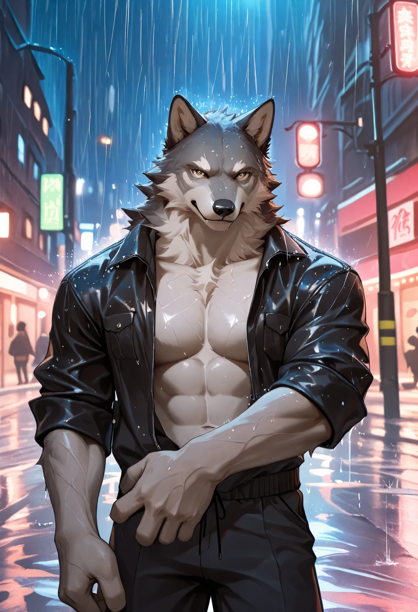 Freddy(Dislyte),werewolf,male,uncle,adult,alone,4K,best quality,looking at the audience,,walk,hairy body,furry tail,Hairy chest,chest muscles,Pink nipples,Six-pack abs,biceps,anatomically correct,Delicate fur,pride,soft shadow,majestic ,High quality eyes,Green eyes,black pupils,Sharp eyes,Grandiose,Valiantary,Black sleeveless vest,Black collar,Wearing sunglasses,blue jeans,black belt,Black combat boots,Smile confidently,Strong,mature,night,street,City,no audience
