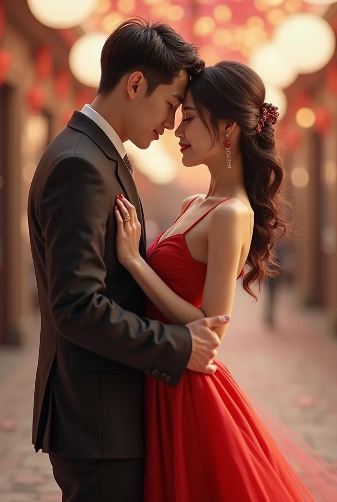 professional wedding photography, (Masterpiece), (intriciate detail), (photorealestic:1.3), (film grain:1.3), (perfect anatomia:1.3), epiCRealism, break, In Moscow, Russia, at the Red Square, break, a romantic photoshoot of a handsome man and cute woman couple), wearing elegant outfits, {holding hands | kissing},