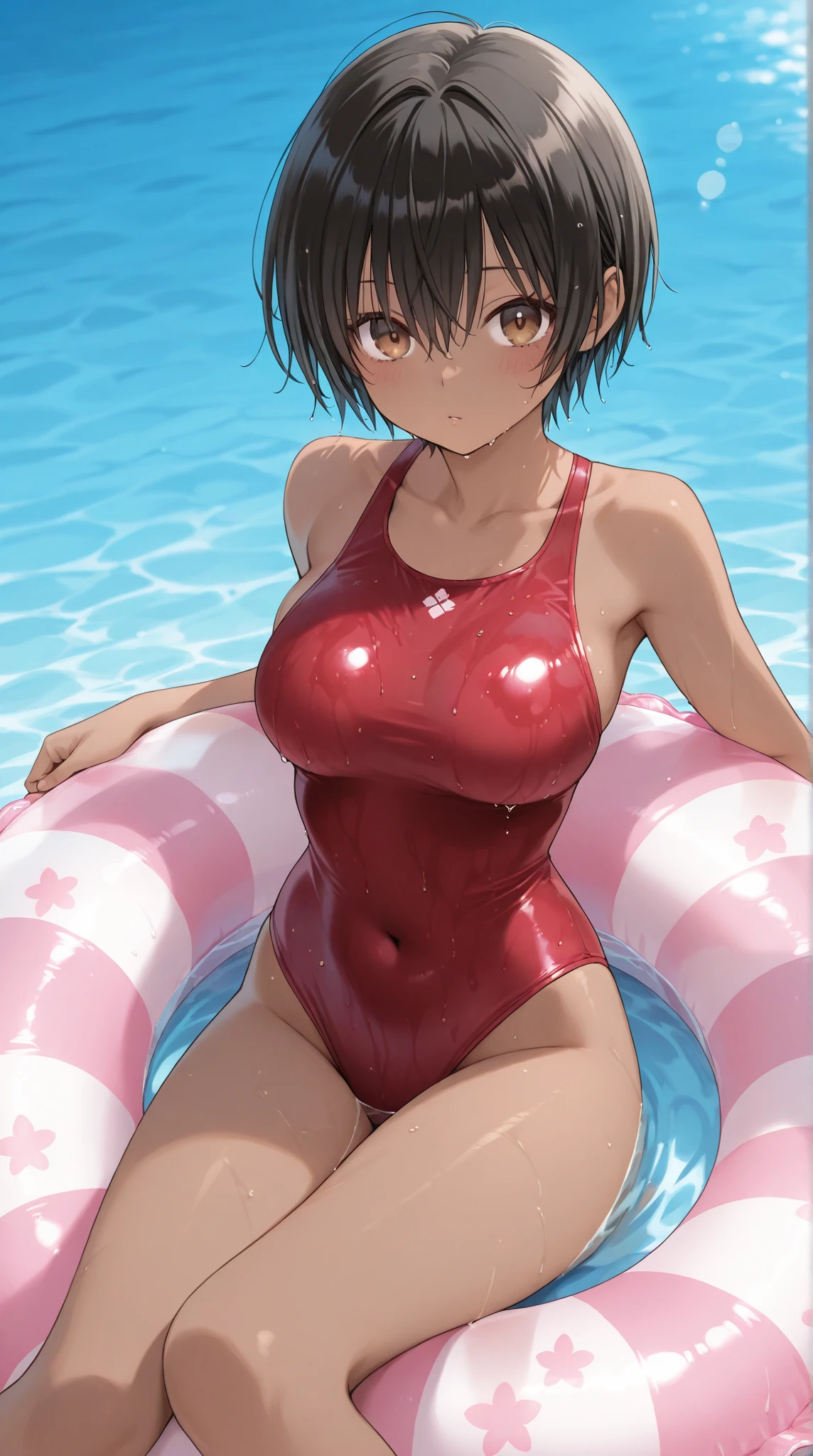 score_9_up, score_8_up, score_7_up, 1girl, solo, mature female, Sarada, looking at viewer, black short hair, red eyes, red lips, parted lips, glasses, black seductive swimsuit, fit slim body, perfect small erected breast,((yacht cabin)), night time, rolled eyes, nude body, orgasm face, (((having sex in kamasutra pose)))(((vagina penetration))), wet body, from behind