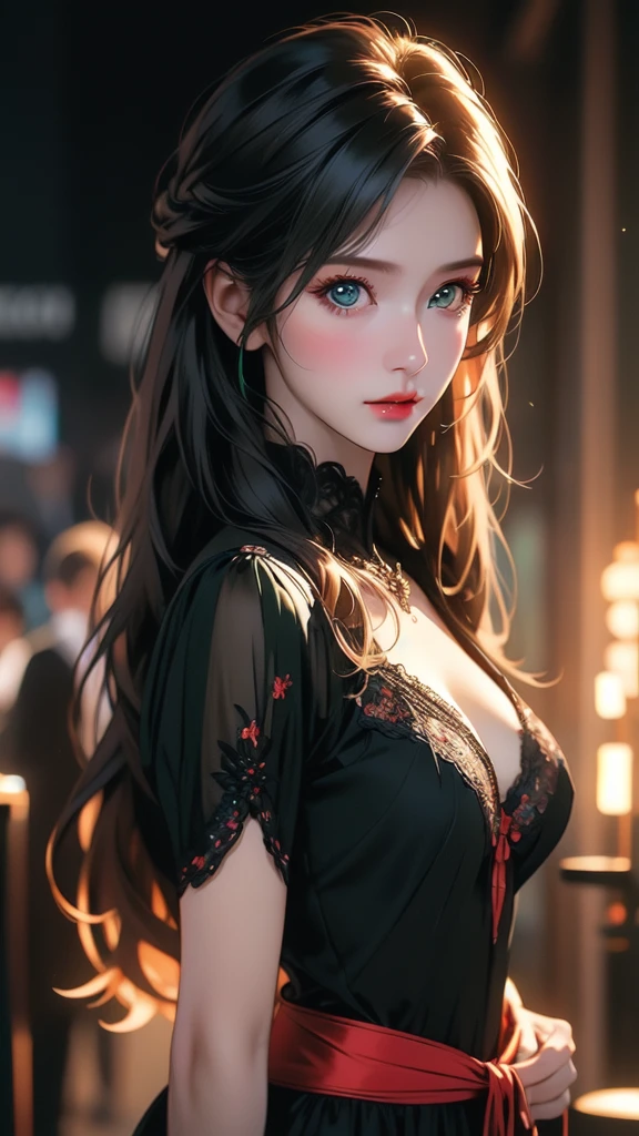 (Hyper-realistic) , (illustratio), (Increase the resolution), (8K), (extremely detaile), (Most Best Illustration), (美丽细致的眼睛), (best qualtiy), (ultra - detailed), (tmasterpiece), ( the wallpaper), (详细的脸), 独奏,1个Giant Breast Girl, looking at viewert, exquisite detailing, 详细的脸, in the darkness nigth, deep shading, low tune,pureerosfaceace_V1, ssmile,long whitr hair，Black shawl straight hair，46 points oblique bangs，big breasts exposed cleavage