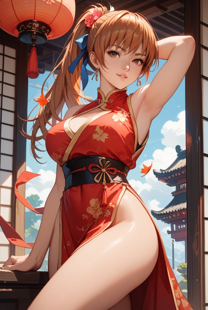 (masterpiece:1.2, highest quality), (realistic, photorealistic:1.4), beautiful illustrations, (natural side lighting, movie lighting), NSFW,
looking at the viewer, face focus, Upper body, 1 girl, Japanese, high school girl, perfect face, Cute symmetrical face, (shiny skin:1.3), perfect eyes,
(double bun:1.3, brown hair), asymmetrical bangs, brown eyes, (large breasts:1.3), thin waist,(big ass:1.2),
beautiful hair, beautiful face, detailed and beautiful eyes, beautiful clavicle, beautiful body, beautiful breasts, beautiful thighs, beautiful feet, beautiful fingers,
((fine cloth texture, Sleeveless Red Micro Mini Cheongsam, Slit at waist)),
(beautiful scenery), evening, (Ramen shop), walk,(little smile, upper eye),