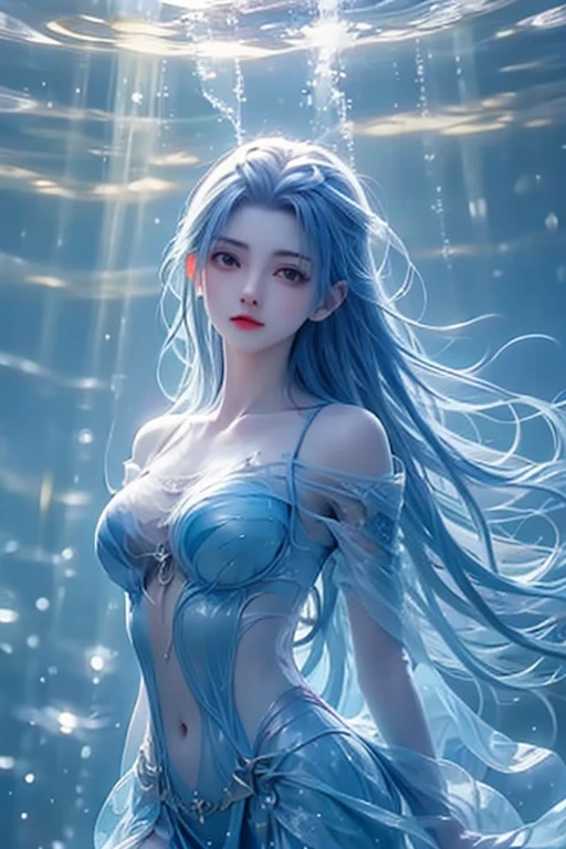 1 girl, fighting_halo, Spiral_visible_halo full of background,Cool and powerful pose,Water capital, A bracelet made of water around the hand,magic circle,aqua_halo,Floating hair,water droplets floating around,Color difference, dark intense shadow,sharp focus,studio lighting,Theatrical perspective,looking at the audience,