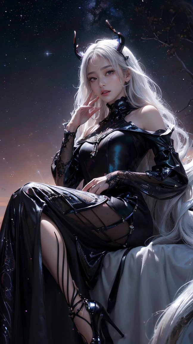 HDR (High Dynamic Range), ray tracing, NVIDIA, long-haired woman, slim figure, s-curves, long legs, delicate facial features, high nose bridge, big eyes, silver hair, charming, black stockings, forest at night, moon, black long dress + robe, navel, black top, good fingers, perfect eyes, blue eyes, angry expression