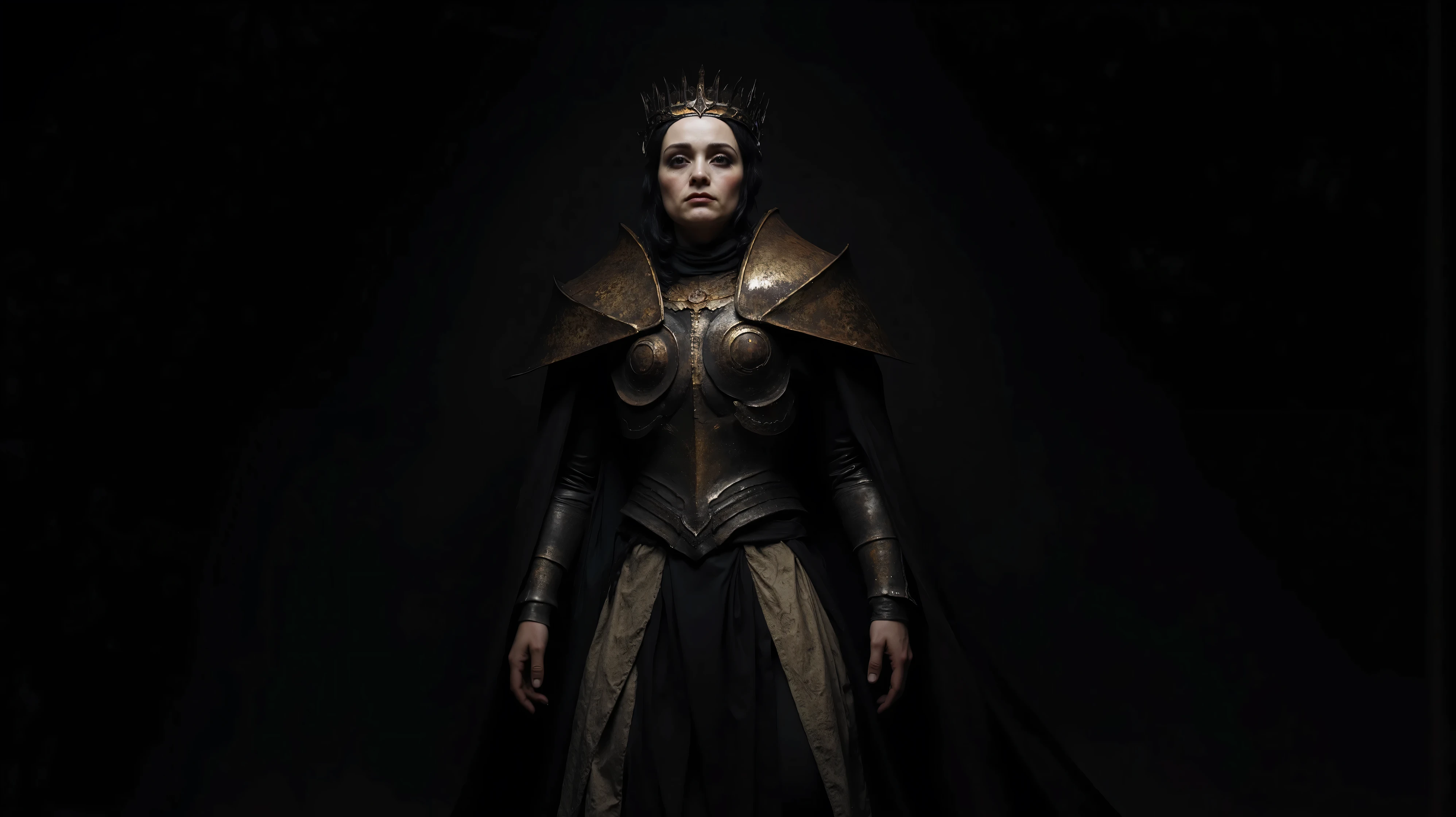 A powerful , A regal female figure in well-designed armor stands against a dark background. her thick eyebrows like the wind,Long eyelashes like a black night sky,reflects her deep eyes,radiates a quiet glow,shines like melted gold in the cold wind。Her slightly open lips,captures a hint of light,with a frost-like scent。The camera is slightly below sight,captures her carefree focus,and adds a touch of nobility and mystery to her。armor is very fine, The figure wears a majestic crown, ,highlights the character's impressive presence. The shoulder plate is wide and angular, exudes a sense of fantasy. with wide and angular shoulders,has a sharp aura, suggesting a position of strength or divinity. The fabric hangs under the armor, add a sense of hierarchy to the costume. darkness, gives a sense of protection and grandeur, The solid color of the background, with gorgeous details. The overall mood is mysterious, strength, and members of the ancient royal family.creates a dramatic and fascinating contrast, Dark Tones,Film composition ,Wide-angle composition,Movie lighting ,Art by Piotr Jabłońsrk4RT,Billie Eilish