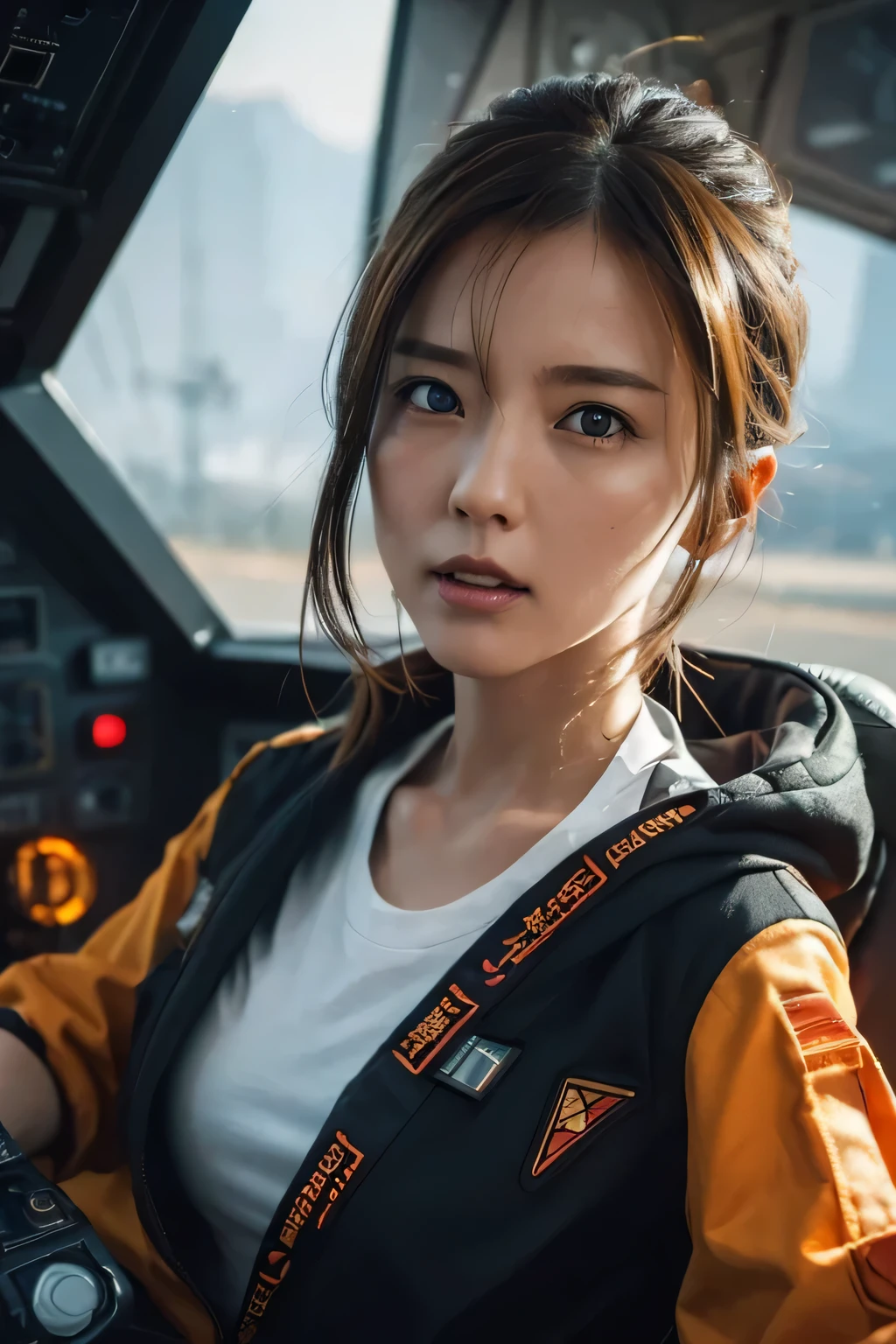 ((very sharp photo result & detailed face)) (((textile shading))), (((Best Quality))), (((masterpiece))), (((hyper realistic photo))) in starwars universe movie scene, cinematic, action scene, fast motion, sparks & smoke ambience dramatic shade top shoots in a X-wing cockpit with japanese girl inside, wearing rebel alliance helmet pilot & orange jumpsuit, intense scream action face with dust in her face, she engage a battle flight, she is on X-wing jet fighter cockpit, UHD 8k ,Please draw what you like,masterpiece, best quality, high resolution,sci-fi ,8k, masterpiece 