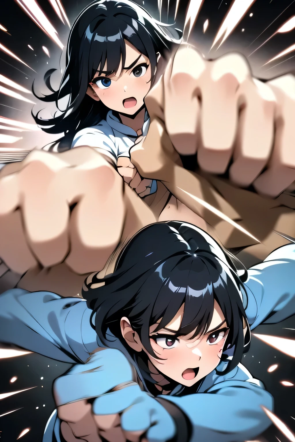 black hair、 cute woman、rushpunch、Punch、(rushpunch,punching,clenched hands,too much,multiple hands,extra arms,aura,foreshortening,incoming attack,motion lines,speed lines,afterimage,motion_blur,energy,glowing,fists,)
