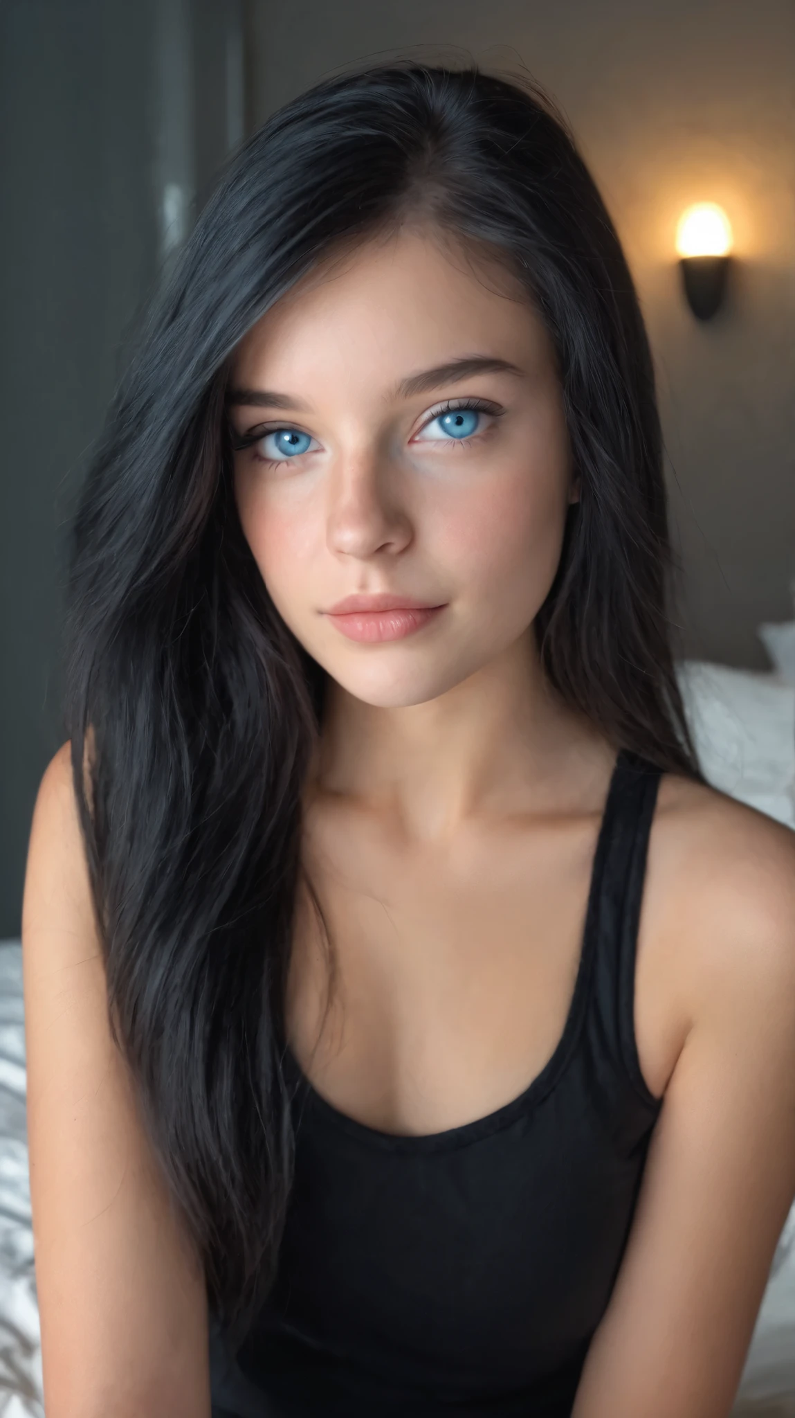A hyper-realistic digital photograph captures a sensual, pretty nordic lady, ultra detailed, ultra realistic skin, cute face, young Caucasian woman with icy blue eyes and long flowing black hair, sitting on bed, dimly lit room, wearing a black sleeveless top, creating a relaxed and inviting vibe.