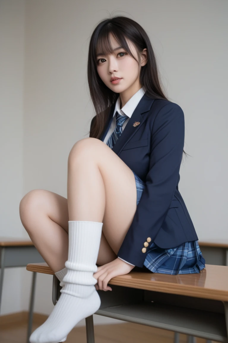 Dark blue high socks Magic Mix Real、(Raw photo:1.2)、(Photorealistic:1.4)、The beauty of beautiful details Delicate expression、Blonde、((panties are visible))(Squatting panchira)Earrings Sneak peek at the details、Large file size、Ultra-detailed、High resolution、Transcendental beauty Highest quality、masterpiece、、(Japanese high school girls uniform))、Extremely detailed representation grow、In detail、Highly detailed facial cinematic lighting、、Positive、((Dynamic Pose)))、(Sit with your knees bent))、blazer、Sexy upward glance、panties、Strong bite、White pants words、