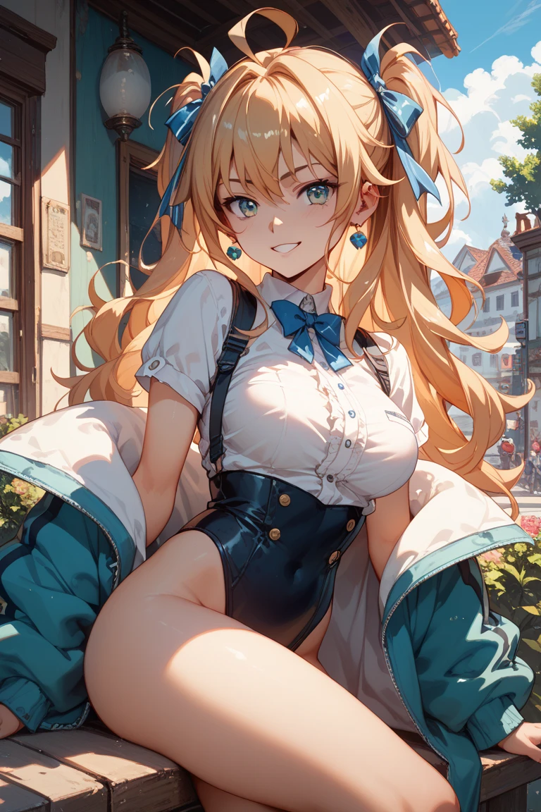 ultra detailed game CG, (High resolution:1.1),(absurderes:1.1), Best Quality, Ultra high definition, The highest resolution, Very detailed, Anime, 1girl in, Blonde hair, Blue eyes, White blouses, (White panty:1.1), Blue Ribbon, corsets, broach, under the boobs, thighs thighs thighs thighs, Highkick, Medieval European Streets, Wind