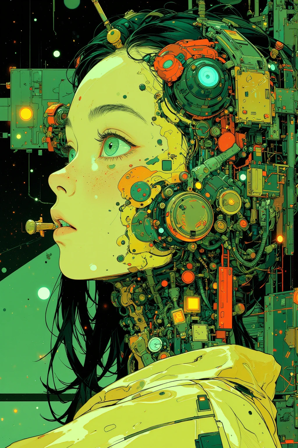 明るいgreen色の背景に複雑に連結された幾何学的な形や線が入り組んだ、visually exquisite and vivid Profile art of a woman,like a futuristic circuit board,various squares and rectangles in yellow, green, red, green is scattered all over,connected by thin lines as if forming a circuit,この複雑なパターンには時計の文字盤に似た2つのeye立つ円形の要素が埋め込まれている,one at the top and one at the bottom, Each has simple black needles and numbers,with intertwined small stars and planets,emphasizes the theme of cosmic or technical settings,the overall atmosphere is playful and technical,Orderly chaos,the intersection of art and technology,digital cyberpunk anime art,Organic Anime Robot Mix,  Cyberpunk Anime Art , CMYK palette,detailed anime artwork,eye、nose、mouth、cheek、Ears have a human texture,