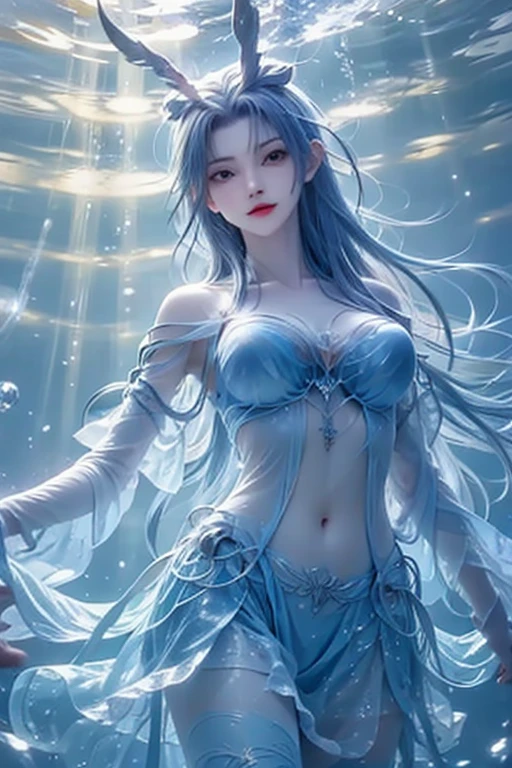 tmasterpiece，top-quality，optimum，offcial art，Beautiful and aesthetic，Long exposure：1.2），Smooth movement，Charming Patterns， 1 girl，Adult Russian woman，freckle，Jade Eyes，Black lob hair， sportrait，solo，The upper part of the body，Gaze the observer，detailedbackground，Detailed face，(crystallineAI, crystalline theme:1.1)，Elemental Water Elves，Swirl water，Control the water，Fantasy magician's clothes，dynamicposes，particles floating，Ethereal power，water，vaporous，the ocean in the background，blue tint，shores，Ethereal atmosphere，